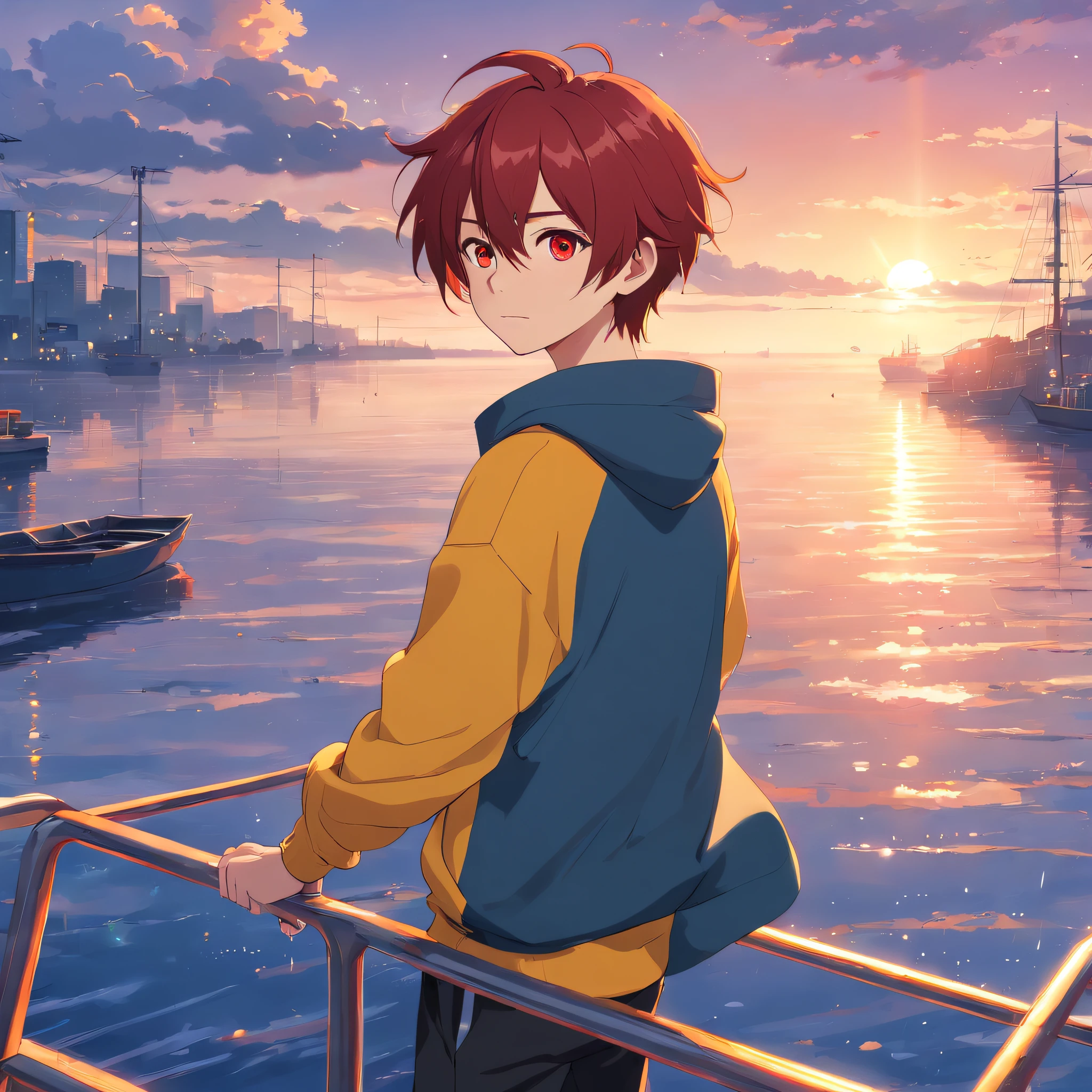 red hairs、yellow eyes、Anime boy with white sweatshirt, Black pants red-haired boy anime standing on the boat and 4k anime wallpaper on a rainy day with freckles, 4K Anime Style, anime wallpaper 4k, 4K Anime Wallpapers, 4 k manga wallpaper, Tall anime face with blue eyes, Anime art wallpaper 8k, anime art wallpaper 4k, anime art wallpaper 4k