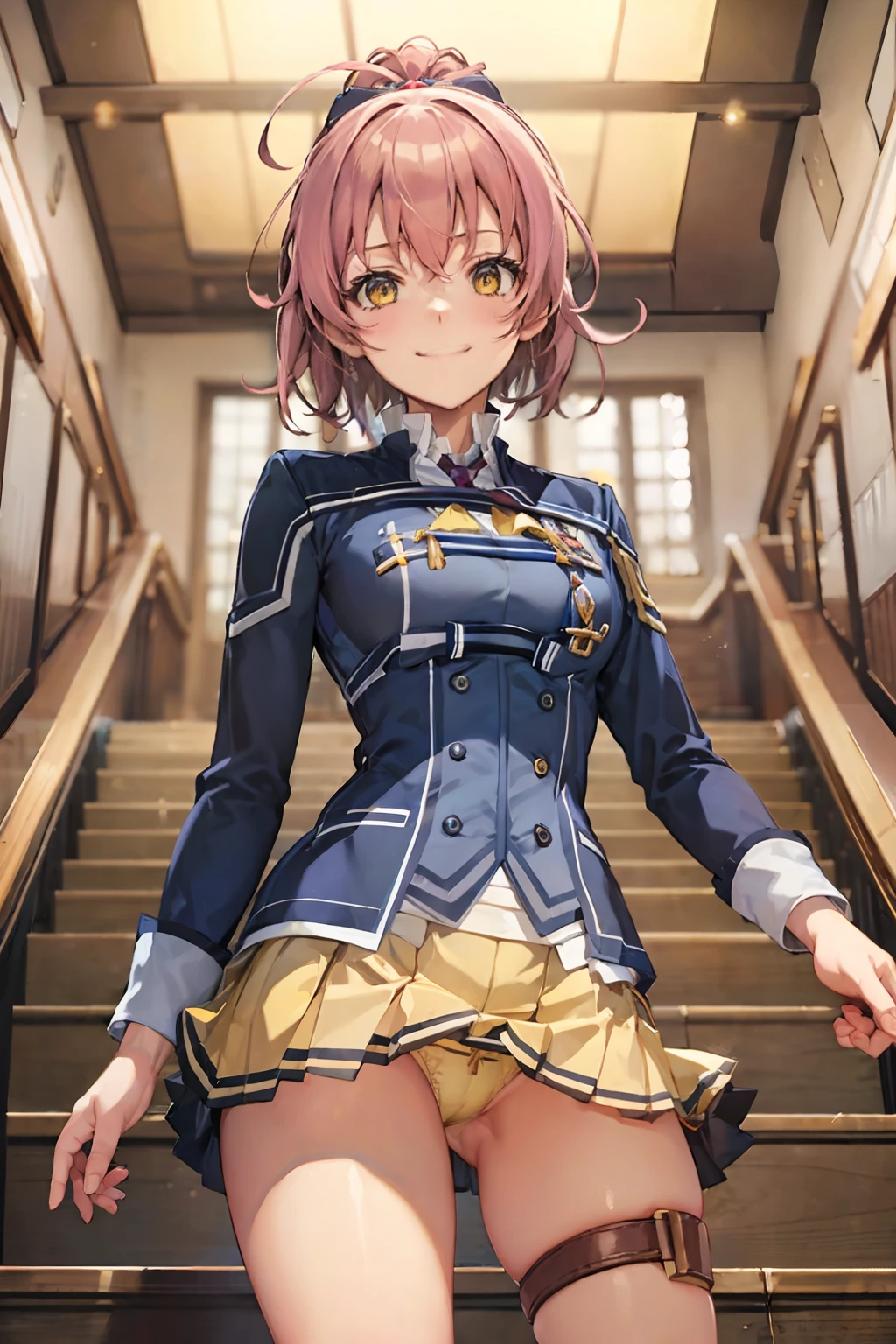 Juna Crawford, (((yellow panties))), A smile, embarrassed from, Adults, stairway, (((Sukesuke panties))), Skirt fluttering in the wind、a blue skirt, opening legs
