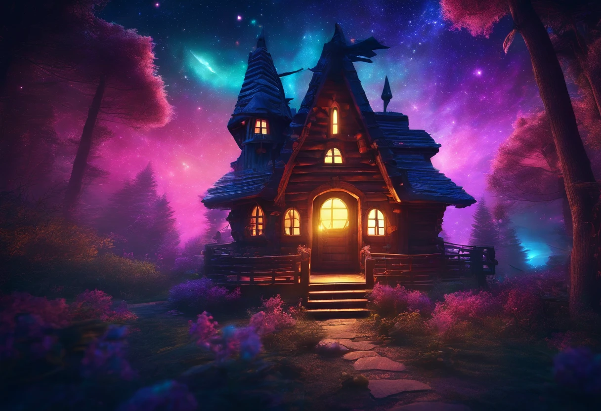 scenery of a magical, mystical and enchanted forest, little wooden house in the middle of the forest, glow, colorful, colorful shiny light particles