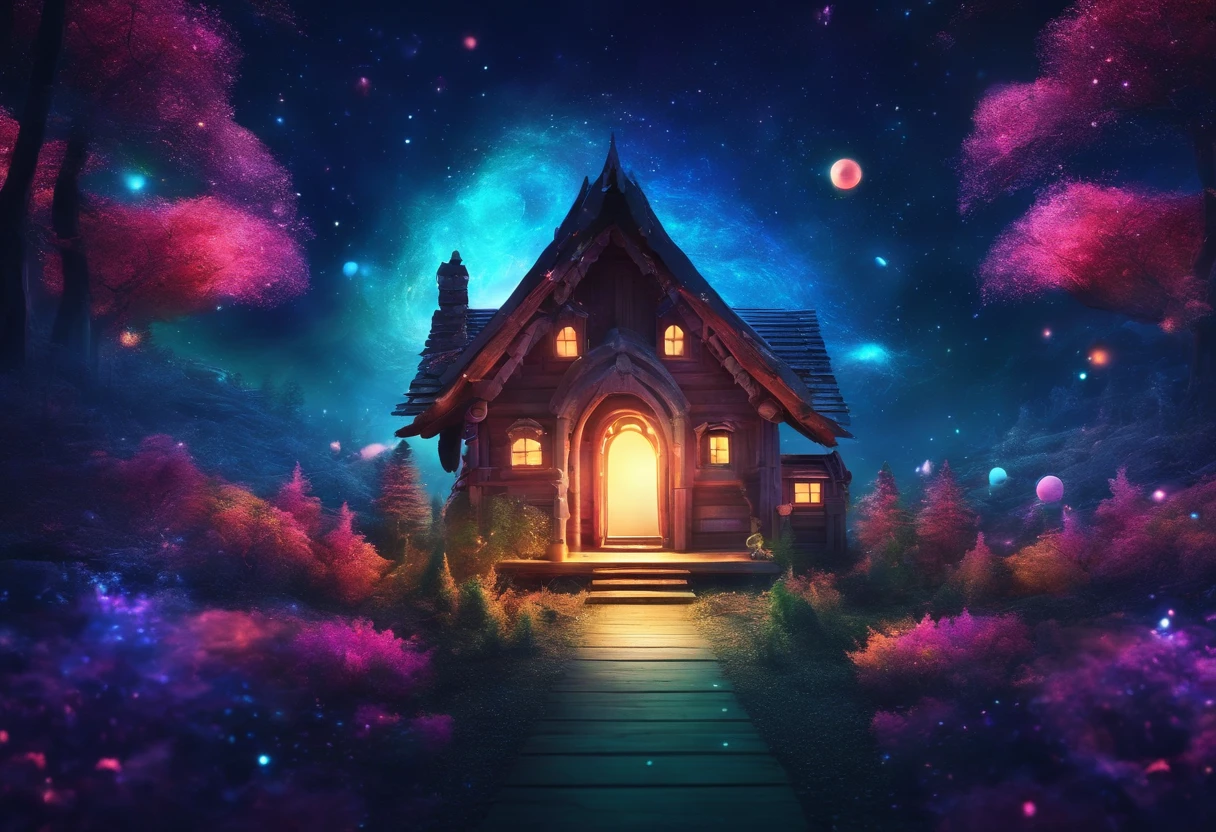 scenery of a magical, mystical and enchanted forest, little wooden house in the middle of the forest, glow, colorful, colorful shiny light particles