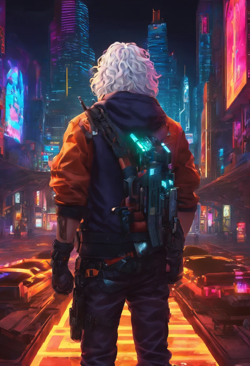  guy, demon slayer outfit, long curly and wavy white hair, guns, view from back