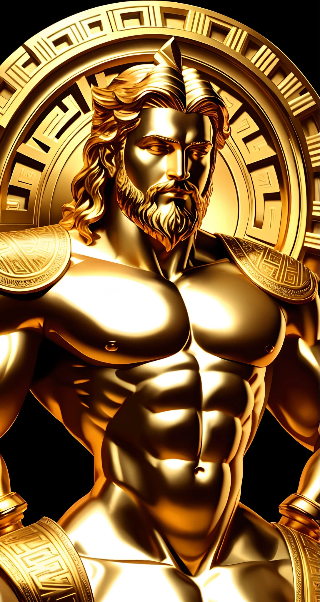Crie uma imagem 8K inspiradora representando um Zeus grego ,Forte, olhando para o lado, immortalized as a bust statue, Single bust statue, com detalhes minuciosos, com fundo dourado brilhante, mostra imagem por completo