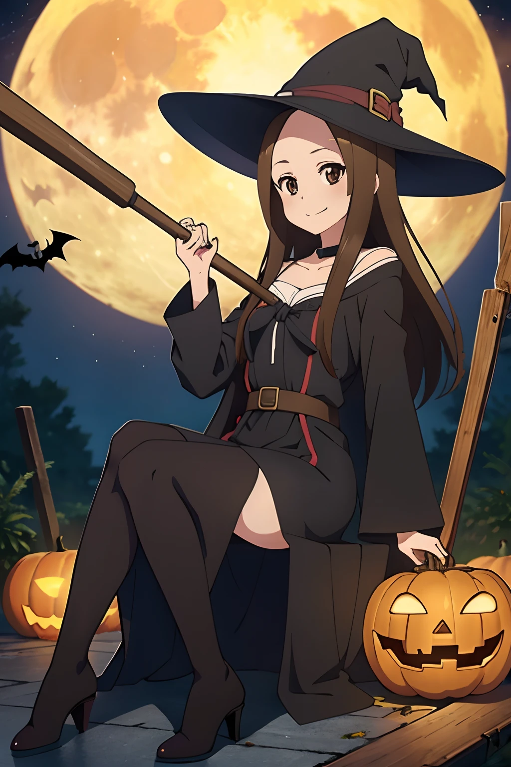 (Realistic),(Photorealistic),Takagi_San, 1girl in, Long hair,((Witch's attire)), Black pointy hat，Brown hair, Part bangs, Brown eyes, black robes，Long sleeves, Smile, Looking at Viewer,(（Sit on a broom in the air)）, masutepiece,Full body,Witch Cosplay， Best Quality, the Extremely Detailed CG Unity 8K Wallpapers,Smile,natta，((Big full moon in the background)),(Jack Lantern), Jack Lantern Lighting，Flying bats，Halloween，Fantasy, breezing， magic sparks,