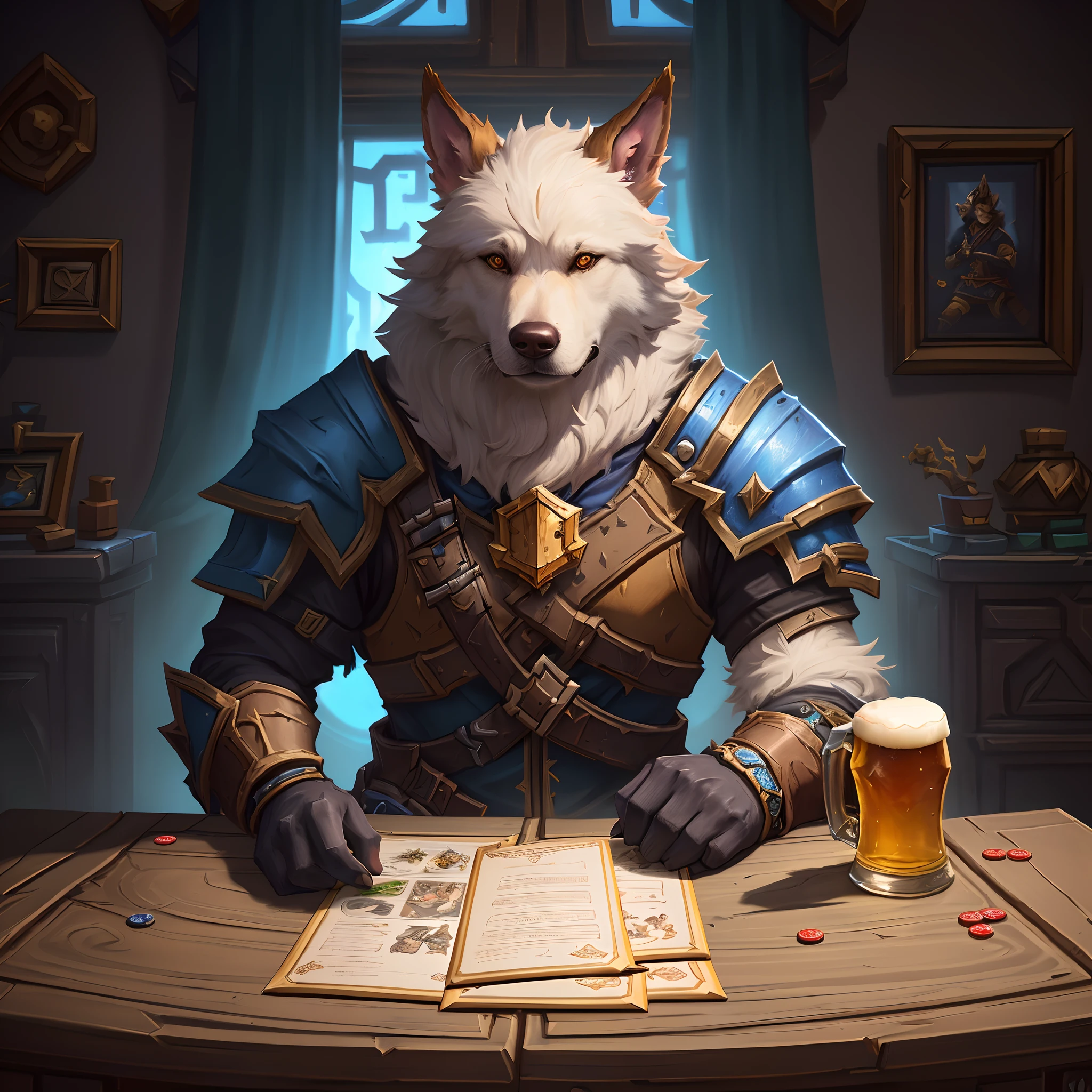 araffe sitting on a chair holding a beer glass and a dog, knight drinks beer, from hearthstone, lawther sit at table playing dnd, from world of warcraft, hearthstone official splash art, realistic fantasy illustration, furry fantasy art, from league of legends, commission for high res, hearthstone card game artwork, fantasy hearthstone art style