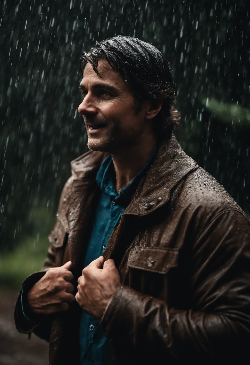 There's a man who's standing in the rain with his arms out , freedom. imagem de liberdade, satisfaction on the face,