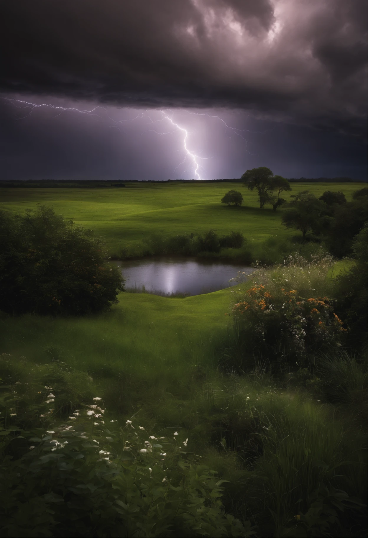 A big place with lots of grass and plants, with a cloudy and dark atmosphere, accompanied by lightning