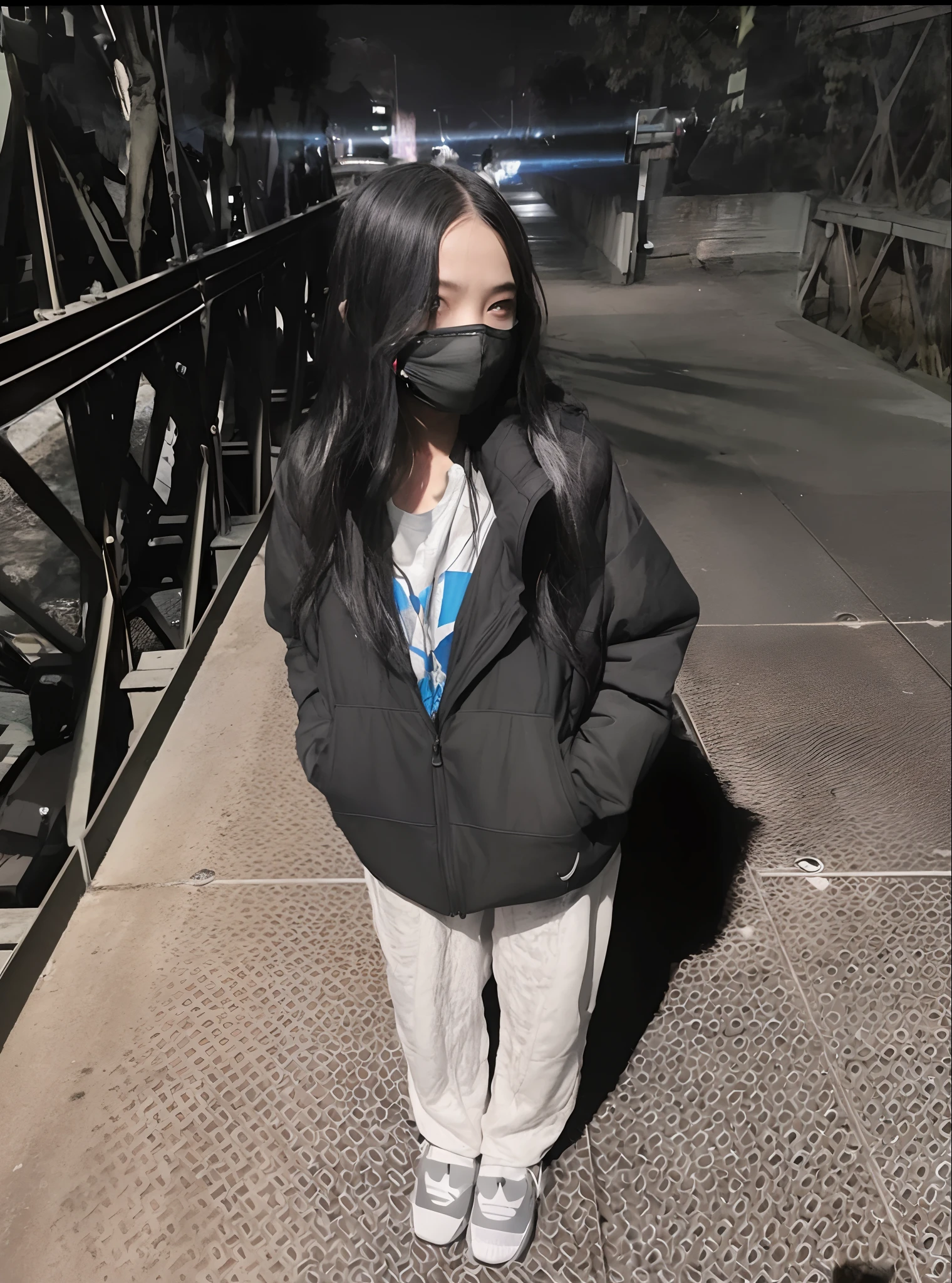 arafed woman wearing a mask standing on a bridge, photograph of a techwear woman, wearing urban techwear, she is wearing streetwear, wearing cyberpunk streetwear, wearing space techwear, wearing japanese techwear, woman in streetwear, wearing all black mempo mask, billie eilish, techwear look and clothes, wearing a fisher 🧥, dark. no text