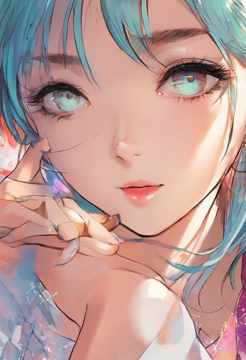Face only、iridescent eyes、SHINES、Anime style、Young woman、ren、发光、vivid、A dark-haired、only face、Close-up image of one person's face、a smile、masterpiece、发光、japanes、Japanese anime