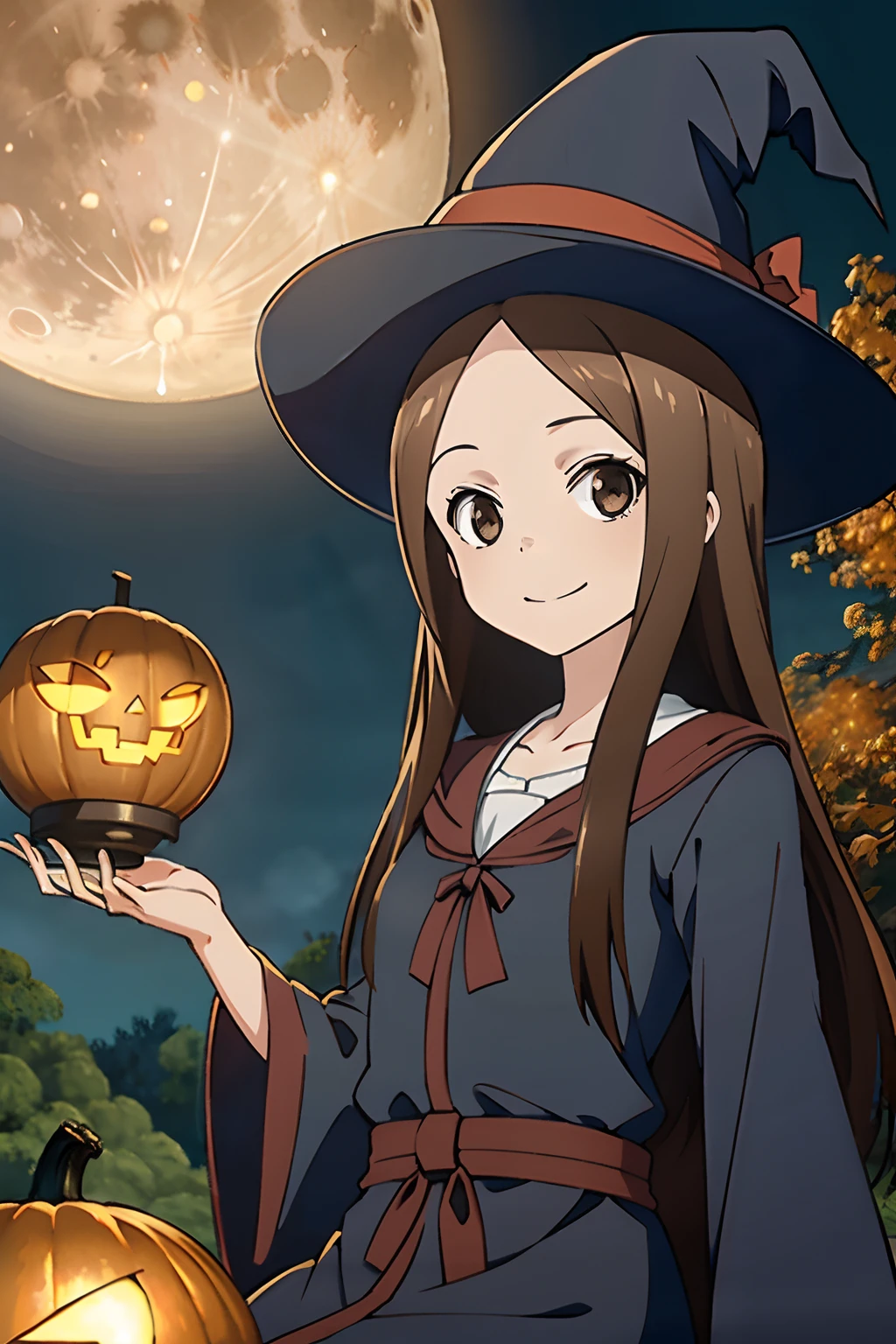 (Realistic),(Photorealistic),Takagi_San, 1girl in, Long hair,((Witch's attire)), Black pointy hat,Brown hair, Part bangs, Brown eyes, black robes,Long sleeves, Smile, Looking at Viewer,((Sit on a broom in the air)), masutepiece,Full body,Witch Cosplay, Best Quality, the Extremely Detailed CG Unity 8K Wallpapers,Smile,natta,((Big full moon in the background)),(Lots of jack lanterns), A flock of small bats in flight,Halloween,Fantasy, breezing, magic sparks,