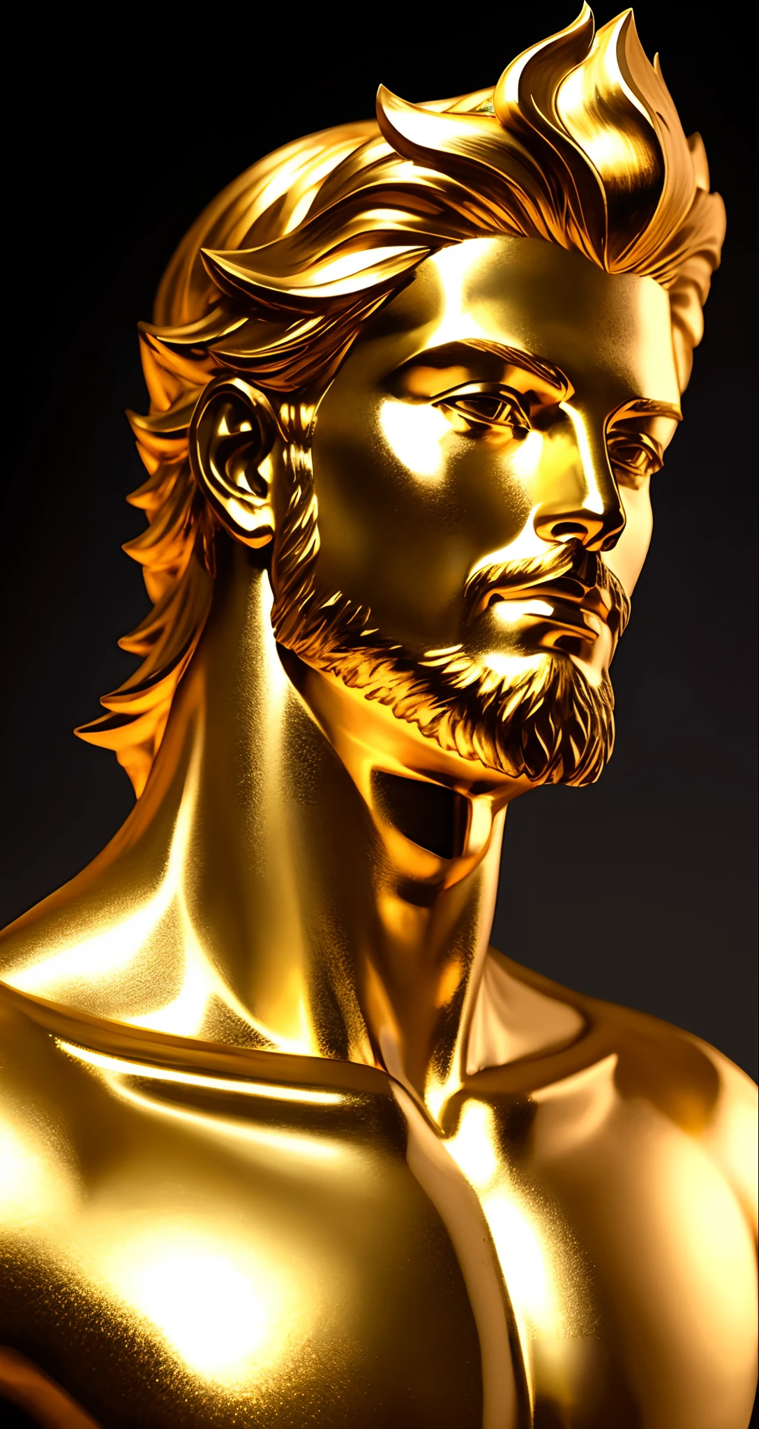 Crie uma imagem 8K inspiradora representando um Zeus grego ,Forte, olhando para o lado, immortalized as a bust statue, Single bust statue, com detalhes minuciosos, com fundo dourado brilhante, mostra imagem por completo