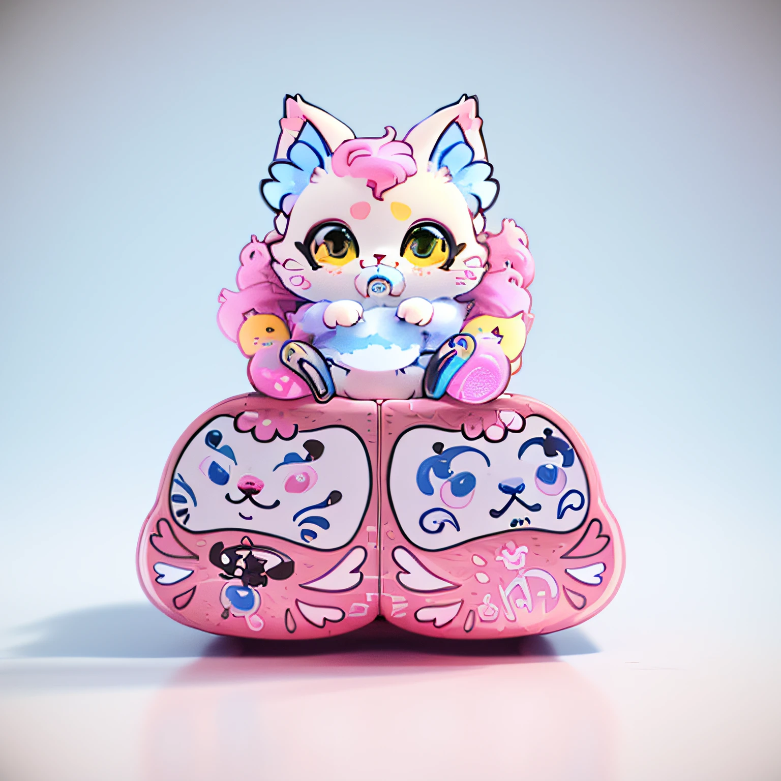 There is a painting,A cat sits on a twin dam, Cute kitten, Kawaii cat, Cute detailed digital art, cute colorful adorable, blindbox, lovely art style, anime cat, cute artwork, cat seahorse fursona, cute detailed artwork, A high resolution, Detailed fanart,, Space color scheme,blindbox,3D model, cute character, adorable creature