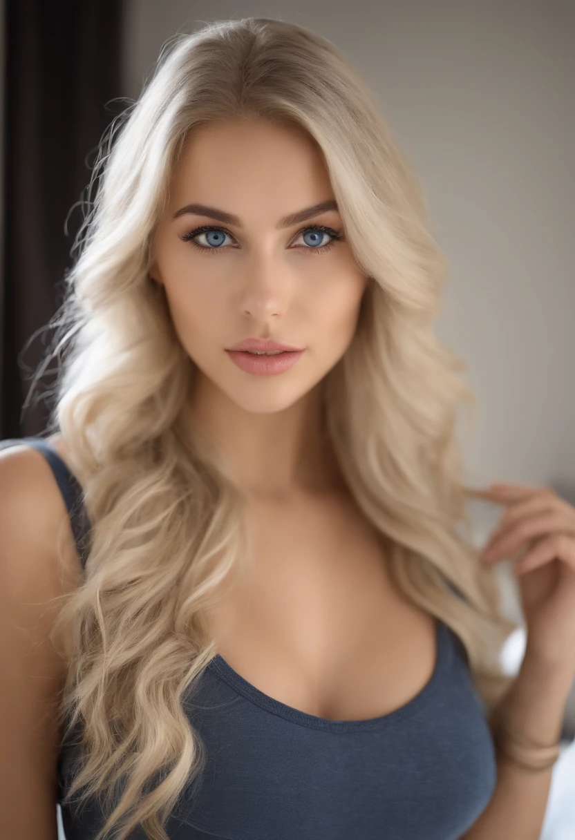 Photorealistic of an insanely beautiful woman with blonde, windigen, unordentlichen Haaren, Im Stil von Panasonic Lumix S Pro 50mm F/1.4, Hellbeige und dunkles Azurblau, Mashups for Celebrity Pictures, Sanfter Realismus, Barbiecore,, 32k UHD, Leuchtkraft, Schweizer Realismus, Niji 5