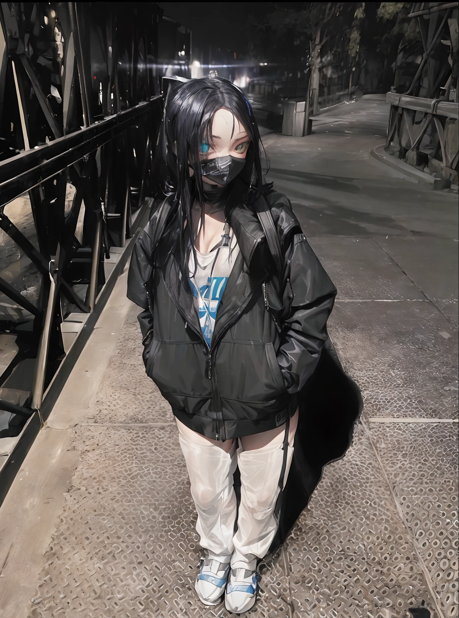 arafed woman wearing a mask standing on a bridge, photograph of a techwear woman, wearing urban techwear, she is wearing streetwear, wearing cyberpunk streetwear, wearing space techwear, wearing japanese techwear, woman in streetwear, wearing all black mempo mask, billie eilish, techwear look and clothes, wearing a fisher 🧥, dark. no text