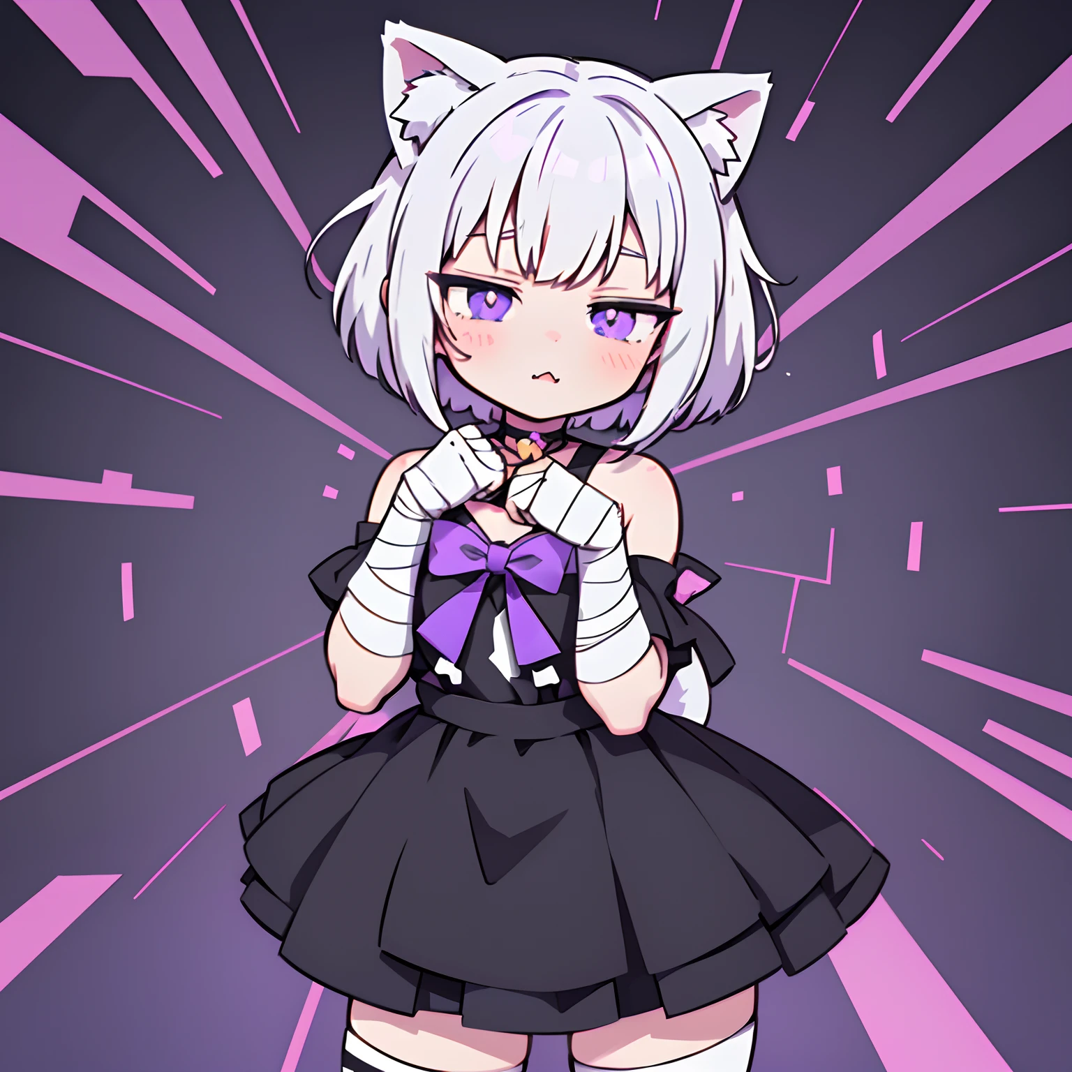 Anime girl with short white hair just above her shoulders, black dress and black stockings, Choker,purple bows on hair, bandages on the hands,cute anime catgirl, anime cat girl, female furry mini cute style, anime style character, flat anime style ,One character,Anime Vtuber Model, anime moe artstyle, white cat girl,violet eyes