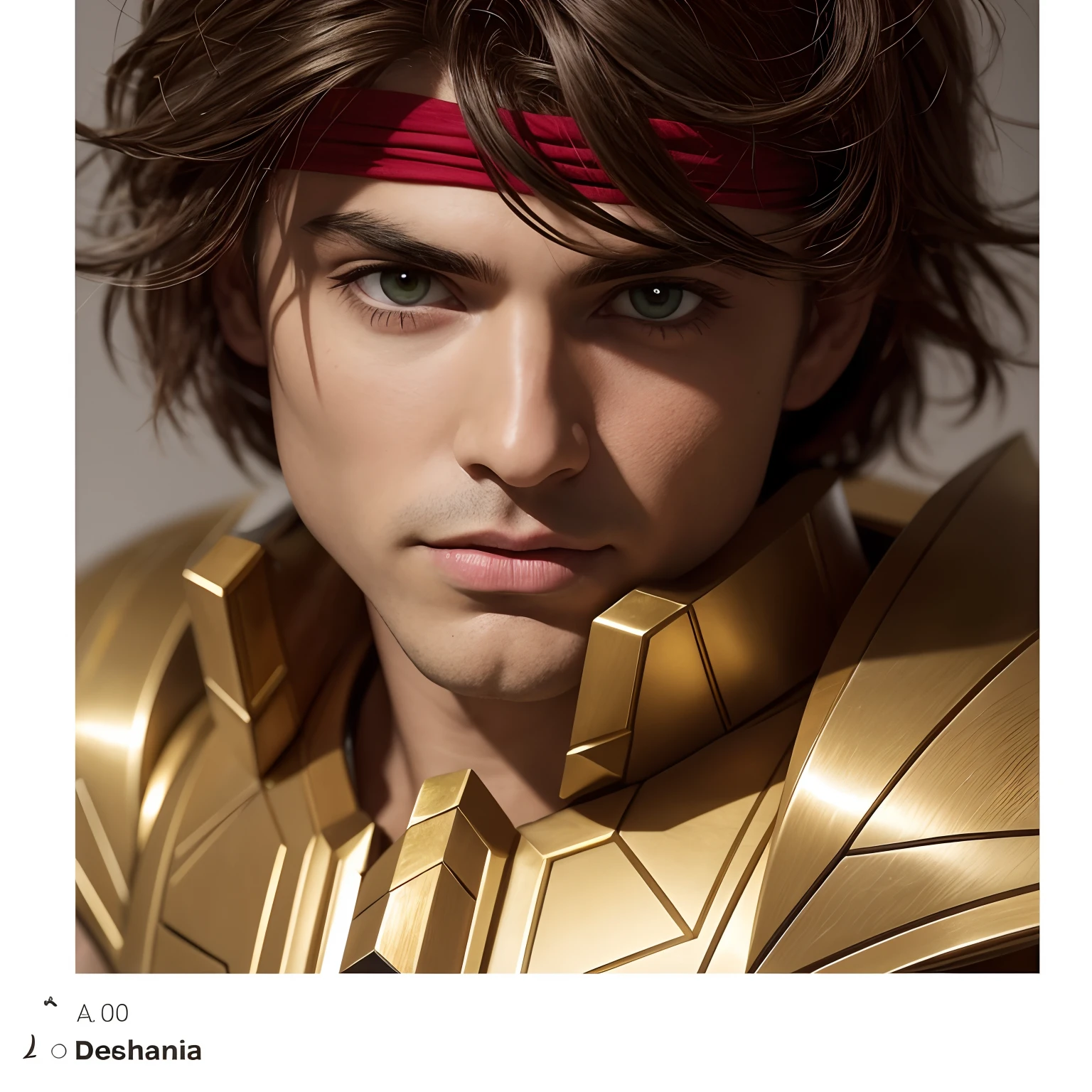 cinemactic, incrivelmente detalhado e ultrarrealista, Sagitarius aiolos de Saint Seiya. fechar para cima. He's wearing a very realistic golden suit of armor. armadura dourada brilhante. Octane is the perfect tool to capture the softest details of this 16k photography masterpiece. He's a handsome Greek man, cerca de 30 anos. 1Homen. beautiful face. rosto detalhado. nariz bonito. (Olhos verdes muito grandes). olhos perfeitos. ((Depilado)). Ele tem cabelos castanhos. cabelos curtos com franja. messy hair. bandana vermelha. masculine traits. ((sem barba)). Bandana vermelho vinho na testa sob franja. (((Shaved))).