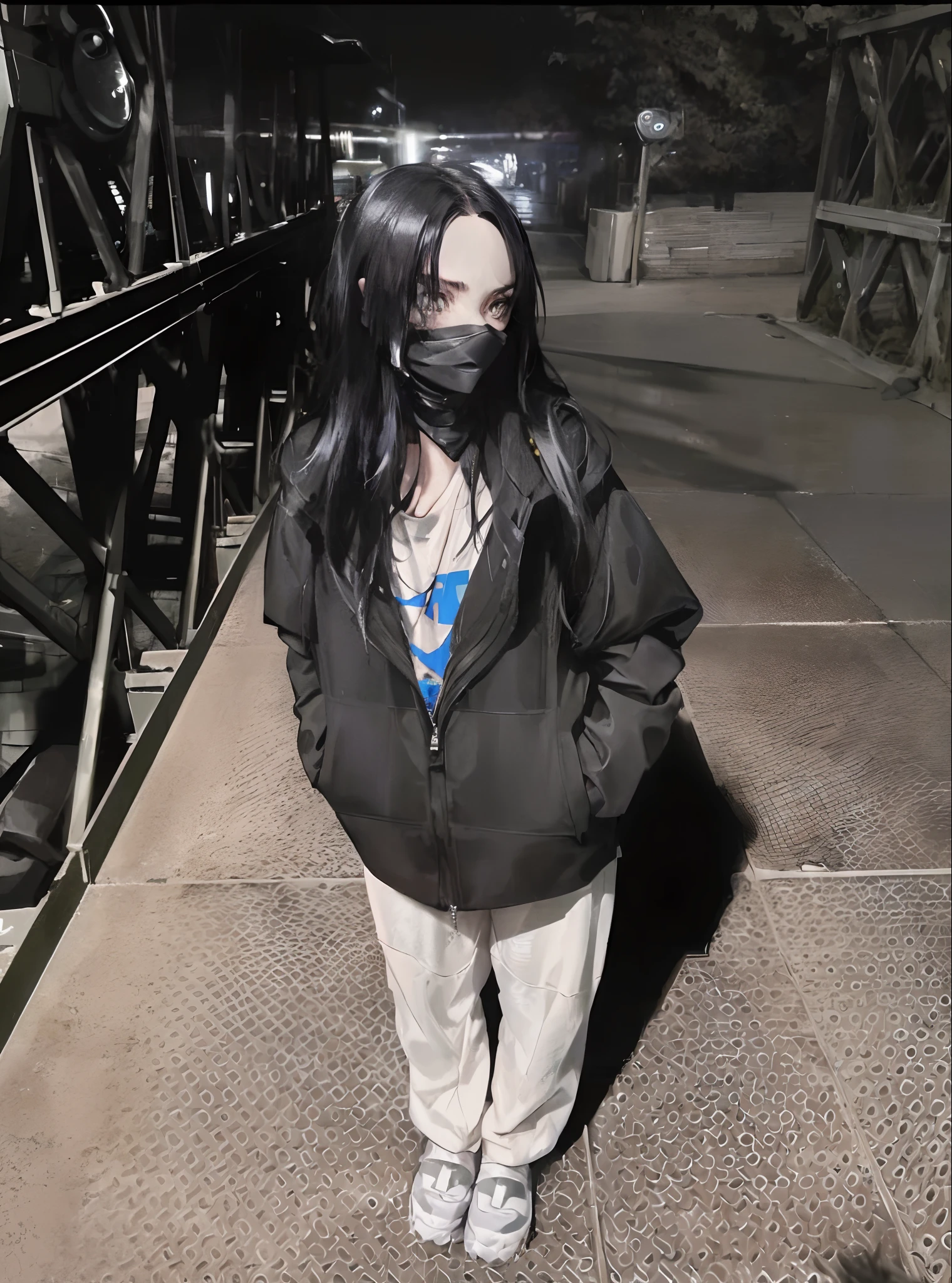 arafed woman wearing a mask standing on a bridge, photograph of a techwear woman, wearing urban techwear, she is wearing streetwear, wearing cyberpunk streetwear, wearing space techwear, wearing japanese techwear, woman in streetwear, wearing all black mempo mask, billie eilish, techwear look and clothes, wearing a fisher 🧥, dark. no text