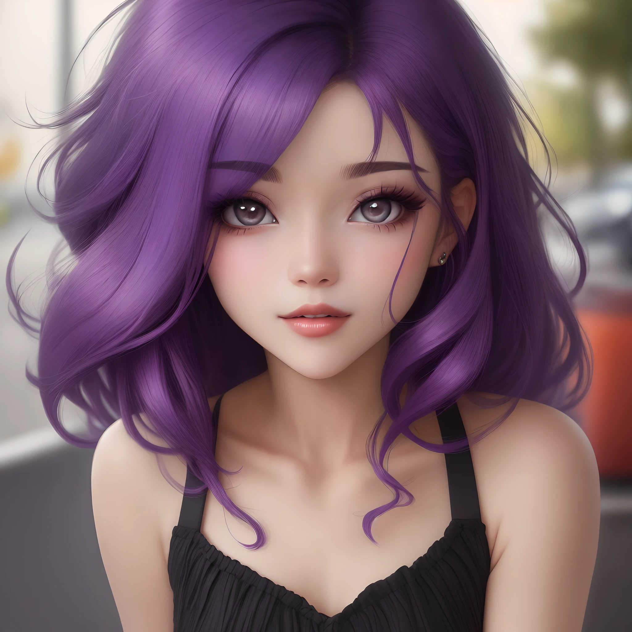 Mulher  bunita de cabelos roxo cabelo so de um lado  e o outro raspado nas laterais e cicatrz no olho olhos azuis