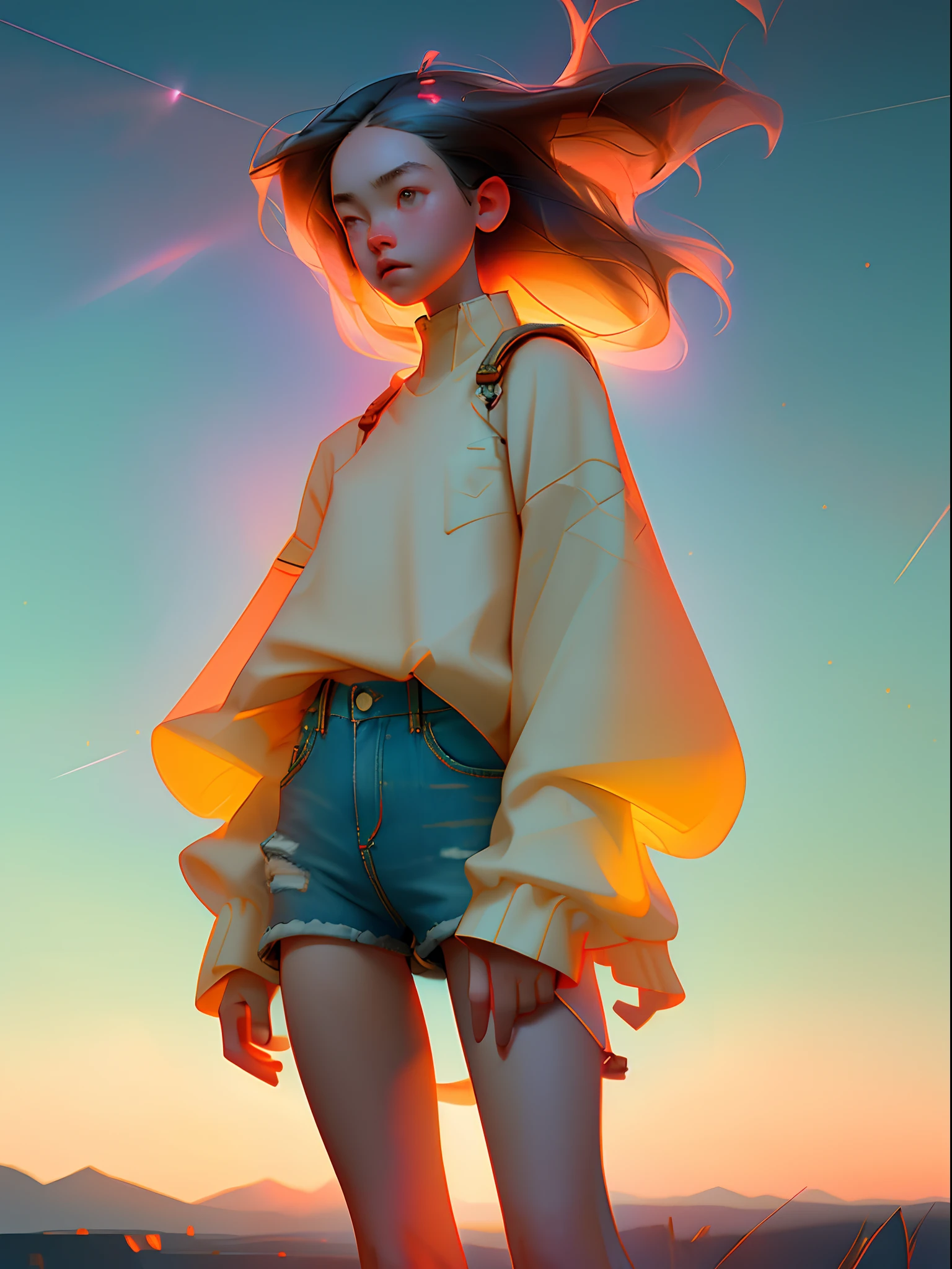 The vast sky, beautiful skyline, large grasslands, extremely tense and dramatic pictures, moving visual effects, high hanging Polaris, colorful natural glare. A girl in a long-sleeved top and denim shorts with a side backpack