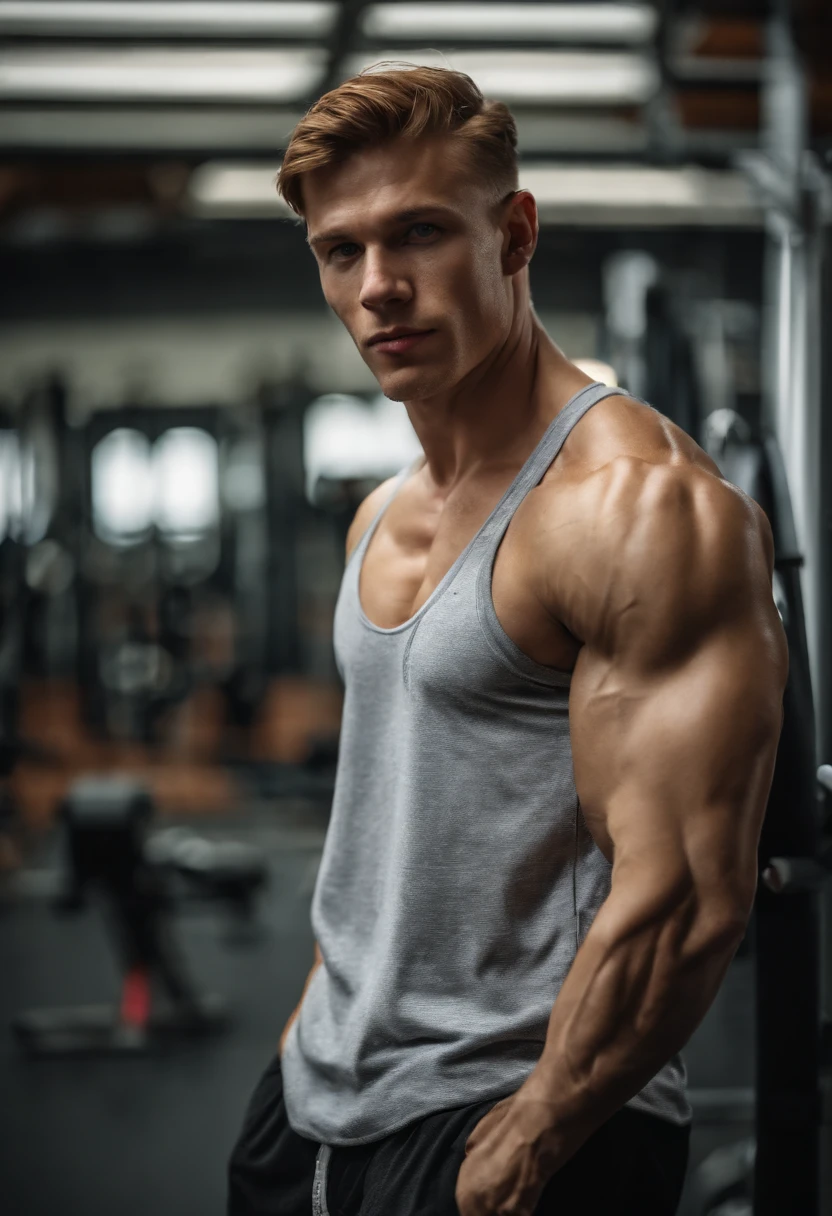 20 years old blue eyes redhair slim half naked male in gym showing abs