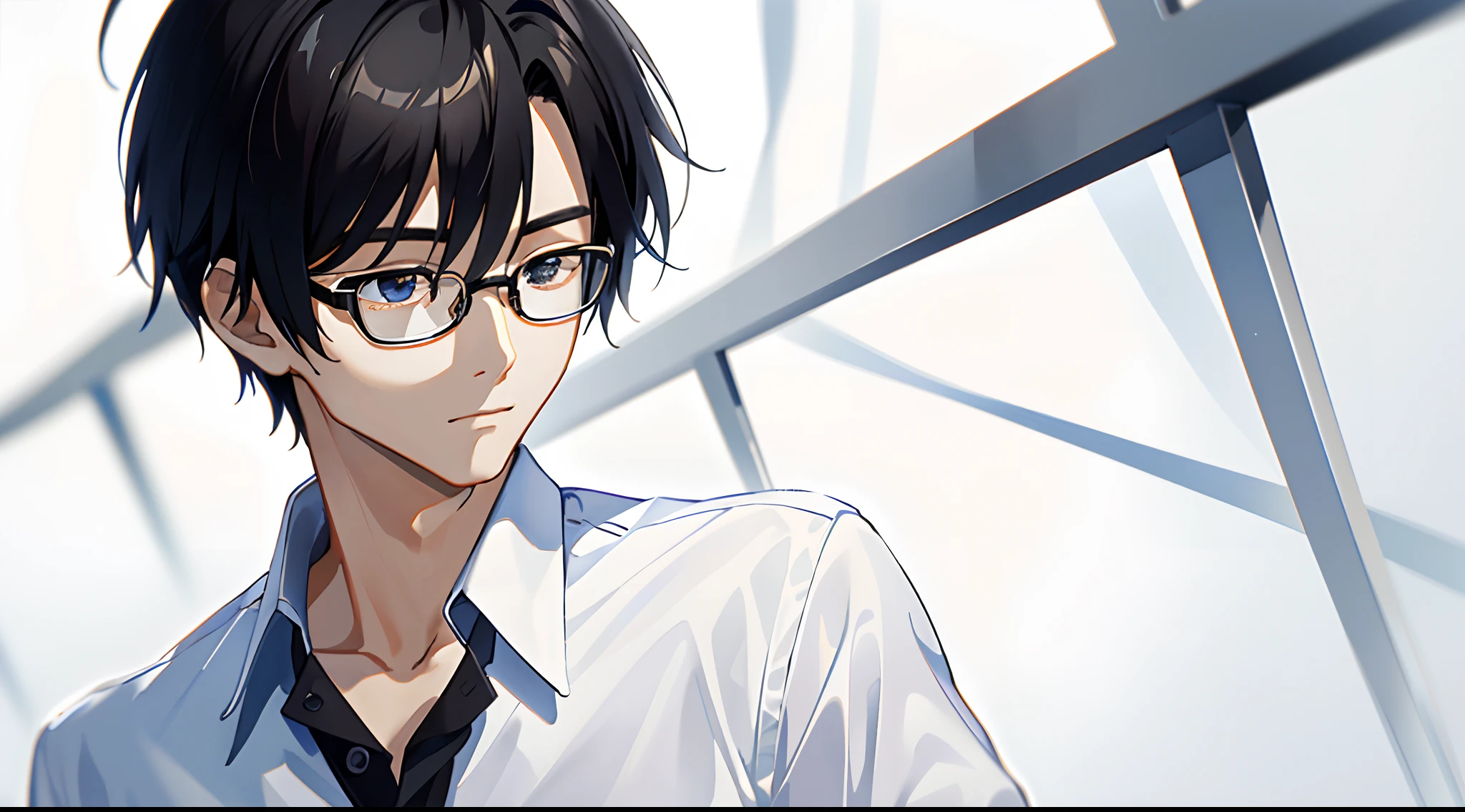 ((masterpiece、top-quality、ultra-definition、high-detail))、One young man、Short black hair、radiant eyes、、25-years old、White shirt、Beautiful skins、eye glasses