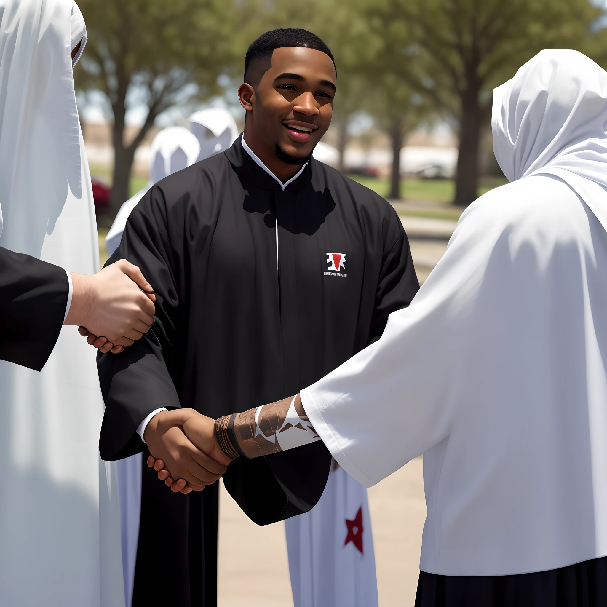 A black guy shaking hands with a kkk member