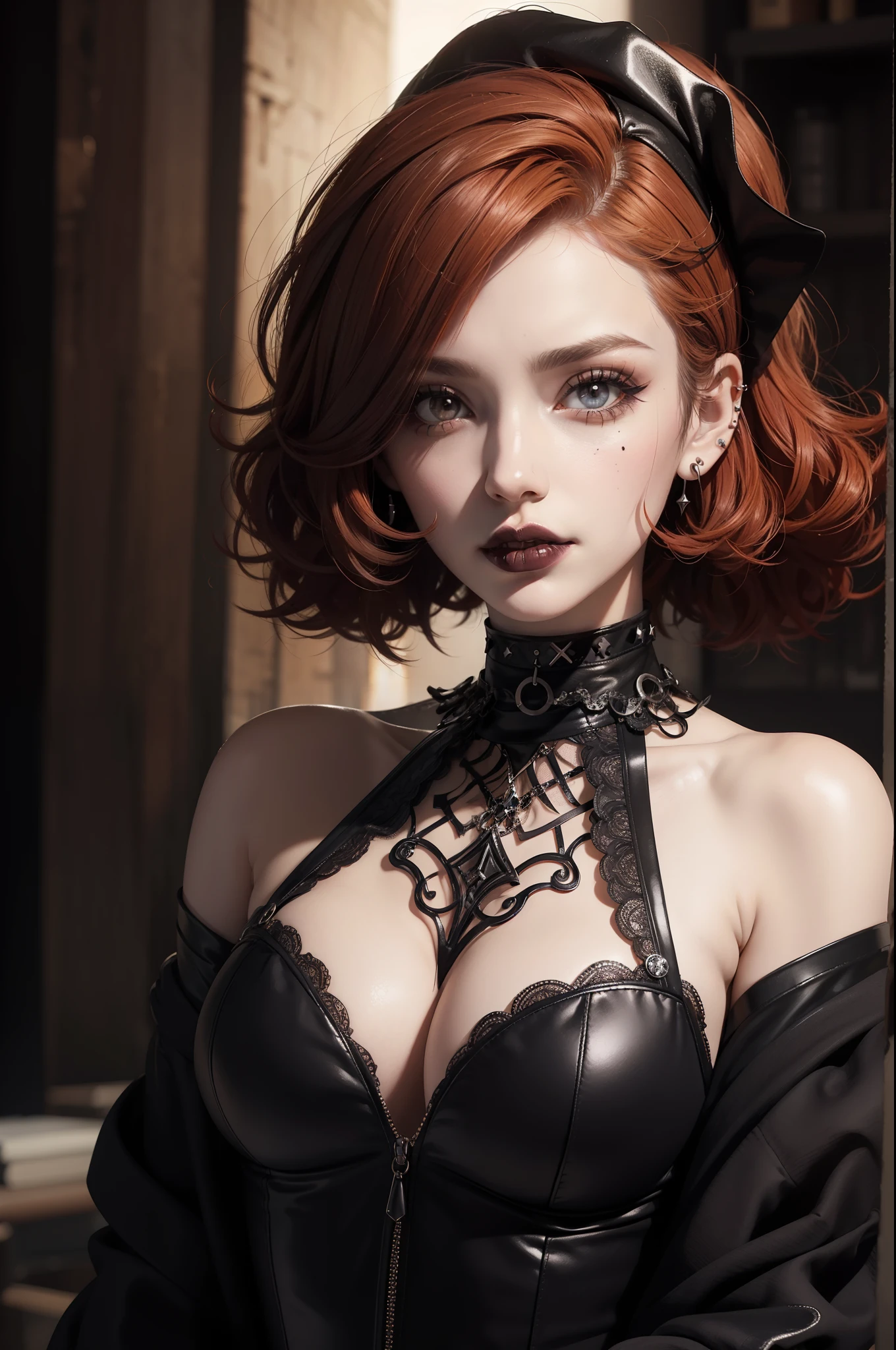 concept art, a woman with short curly orange hair, (with makeup and piercings), bubble goth makeup, black makeup, gothic girl face, goth makeup, pale goth beauty, (detailed glowing brown eyes), faint smile dark lipstick, emo makeup, dark makeup, gothic makeup, dreamy gothic girl, black choker, beautiful pale makeup, gothic eyeliner, dark goth queen with brown eyes, black eye makeup, sadistic smile, equirectangular 360, Highres,  [(art by Willi Baumeister:1.1), (art by John T. Biggers:1.2)::17], official art, unity 8k wallpaper, ultra detailed, aesthetic, masterpiece, best quality, photorealistic
