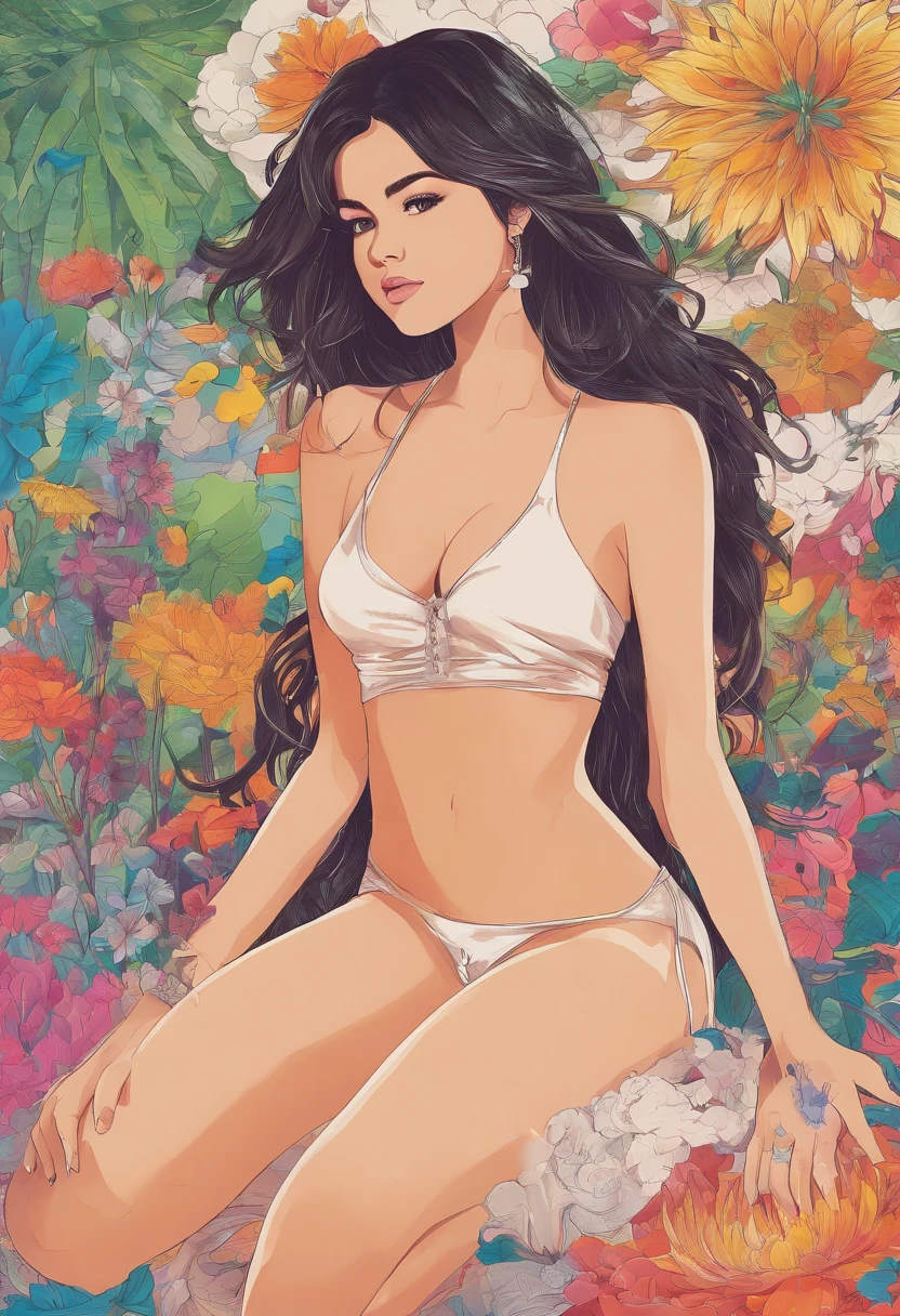 Una mujer, ((Selena Gomez)) , desnuda, , pose sexy, cuerpo sexy, cuerpo bien definido, Cuerpo detallado, alta calidad, Obra maestra, 4k, Acostada en una camilla de masaje, Foto desde arriba, aceite de masaje frotado sobre el cuerpo, aceite de masaje frotado sobre los senos