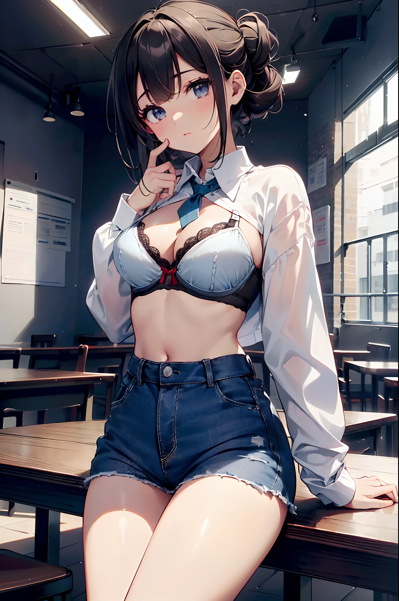 (qualidade superior、em 8K、32k、obra prima、NFFSW、超A high resolution、Impressionismo、Fotorrealista:1.2)、Seios colossais、Cowboy baleado, rostos e olhos detalhados、 dentro da sala de aula、Escolas、brilho da noite、cara bonita、Backround desfocado、Menina bonita de 16 anos、pele brilhante、Meio Updo、cabelo castanho bonito、franja contundente、olhos castanhos、(Olhar constrangido、irritado:1.2)、um terno de marinheiro、minissaia plissada、curva、(Saia de Lifting、Eu posso ver calcinha:1.4)、coxas coxas coxas coxas coxas、Physical education sitting、(Tirar a camisa、The bra is visible:1.4), (lindos deslizes do mamilo:0.9),