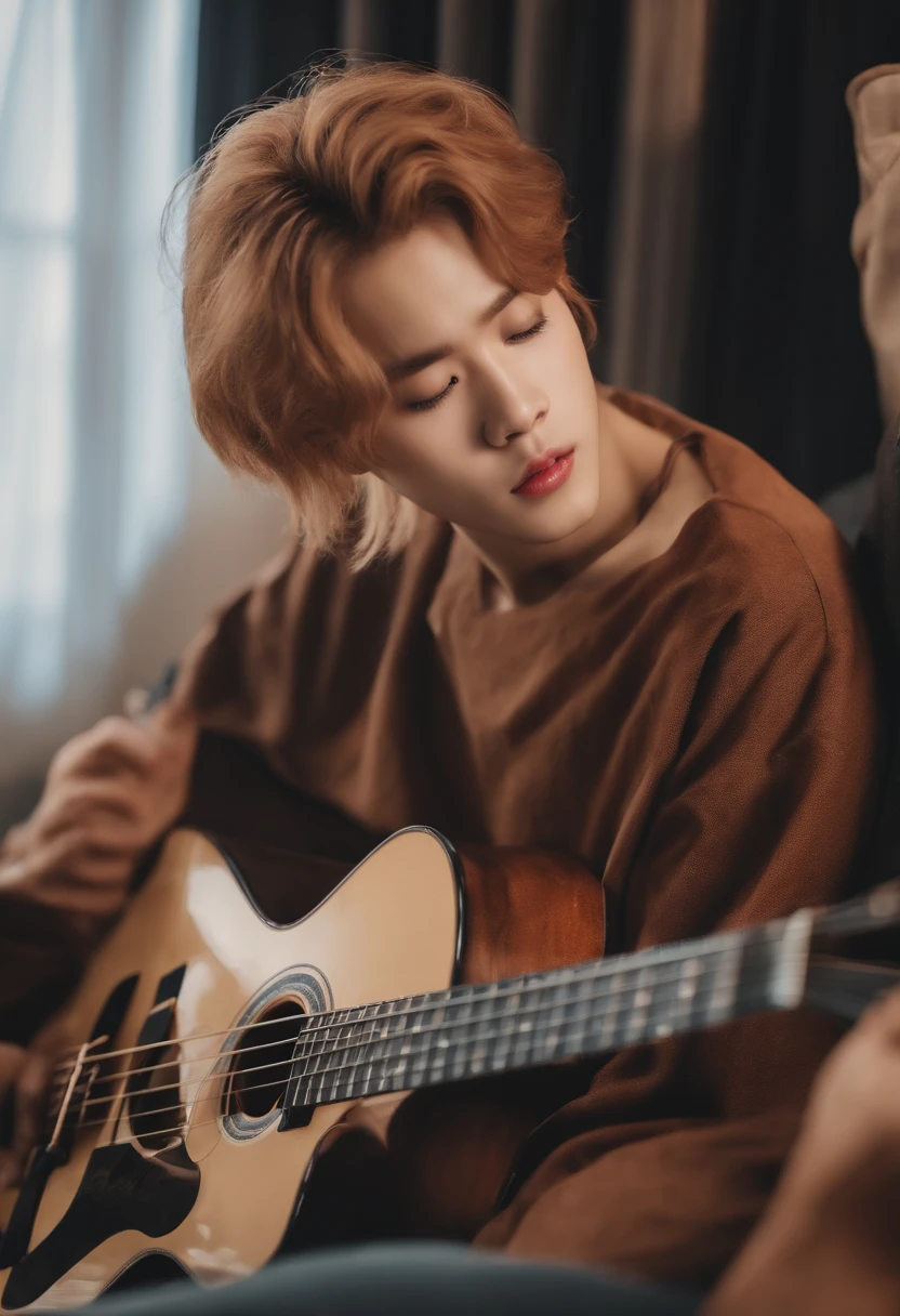 jimin do bts com cabelos longos e ruivos presos em um coque, tocando sua guitarra sentado na cama, imagem realista.