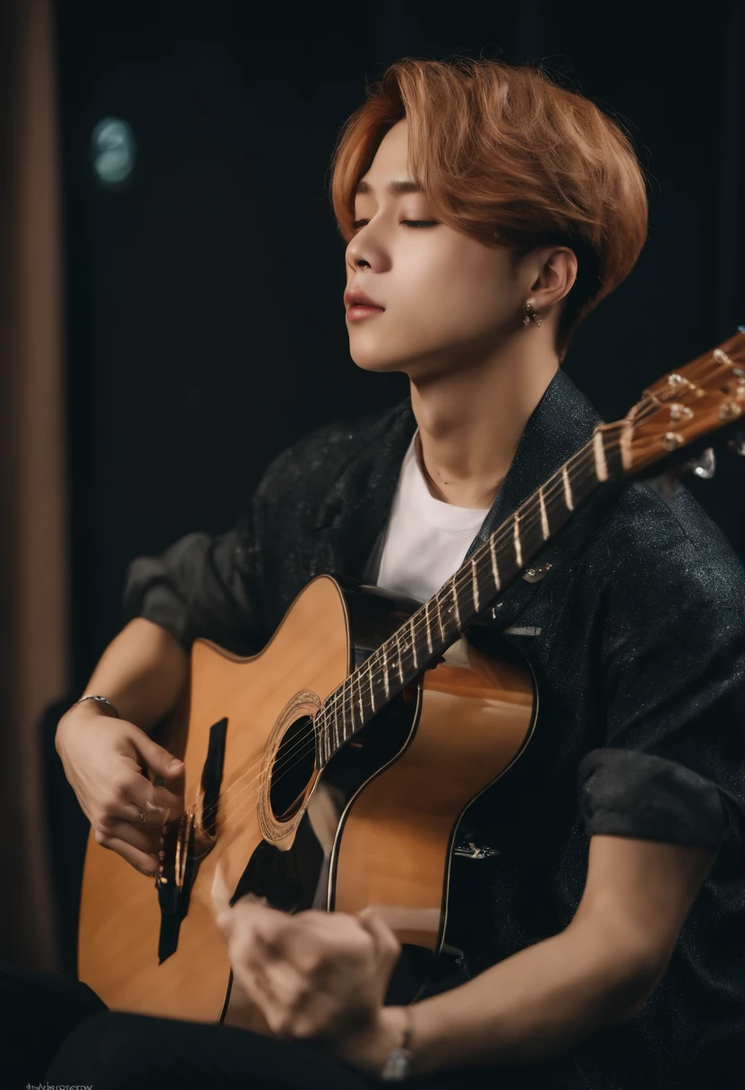 jimin do bts com cabelos longos e ruivos presos em um coque, tocando sua guitarra sentado na cama, imagem realista.