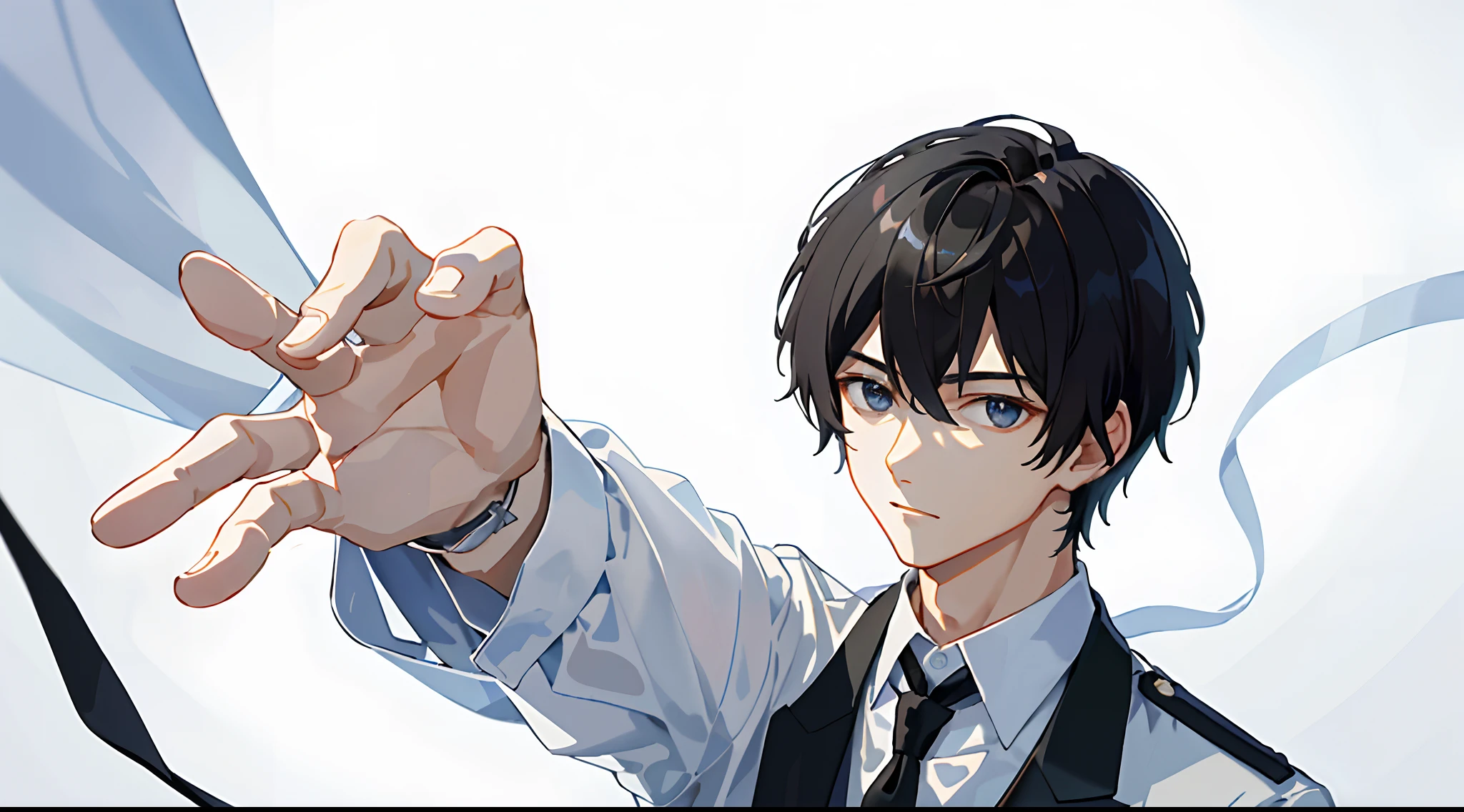 ((masterpiece、top-quality、ultra-definition、high-detail))、One young man、Short black hair、radiant eyes、、25-years old、White shirt、Fasten the tie with both hands、Beautiful skins