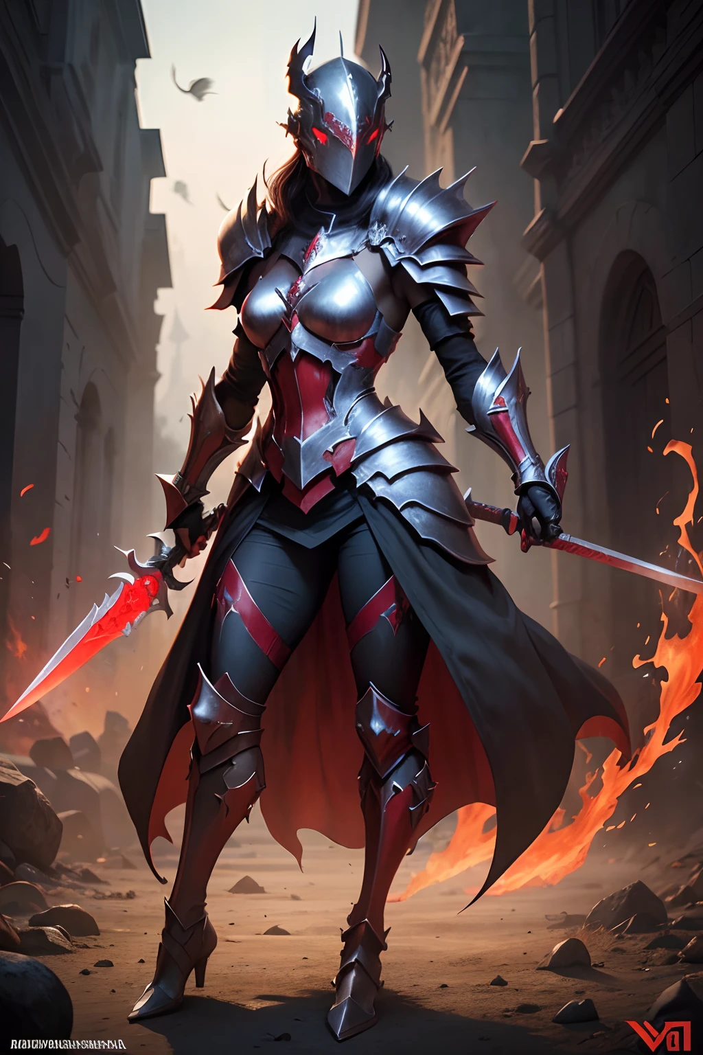 The whole body of a demonic woman with a big sword and a red flame, demon armor, from head to toes, Armadura corrompida, Armadura refletida cor de fogo preta, Governante do Inferno, red demon armor, flame conjuring armored, diabo, Senhor de Cinder, arte conceitual digital diabo, cavaleiro de sangue, arte conceitual diabo, Armadura Daedric, Armadura de Sombra, Enigma infernal, armadura vermelha de sangue