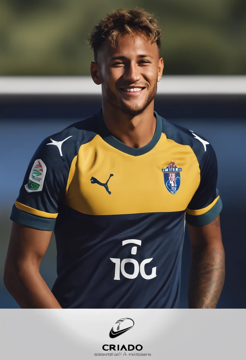 Cinematic soft lighting illuminates NEYMAR JR with stunning, Ultra-realistic details，Foto de corpo inteiro da frente，Pretty appearance，messy brown short hair，Olhos claros de mel，Sorriso encantador perfeito，Sexy Criado，Homem Quente，insanamente bonita，That's the trend of ArtStation。Octane is the perfect tool to capture the softest details of this 16k photographic masterpiece。