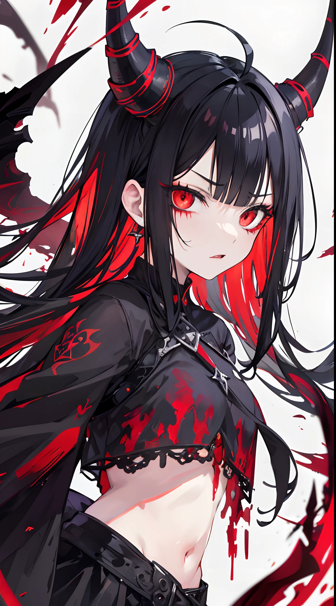 Demonic girl with horns on her head,Bloody,messy black hair, usar um tapa-olho, mean facial expression,Horrifying atmospheric background,violento,dynamic pose, Hand holding a big axe