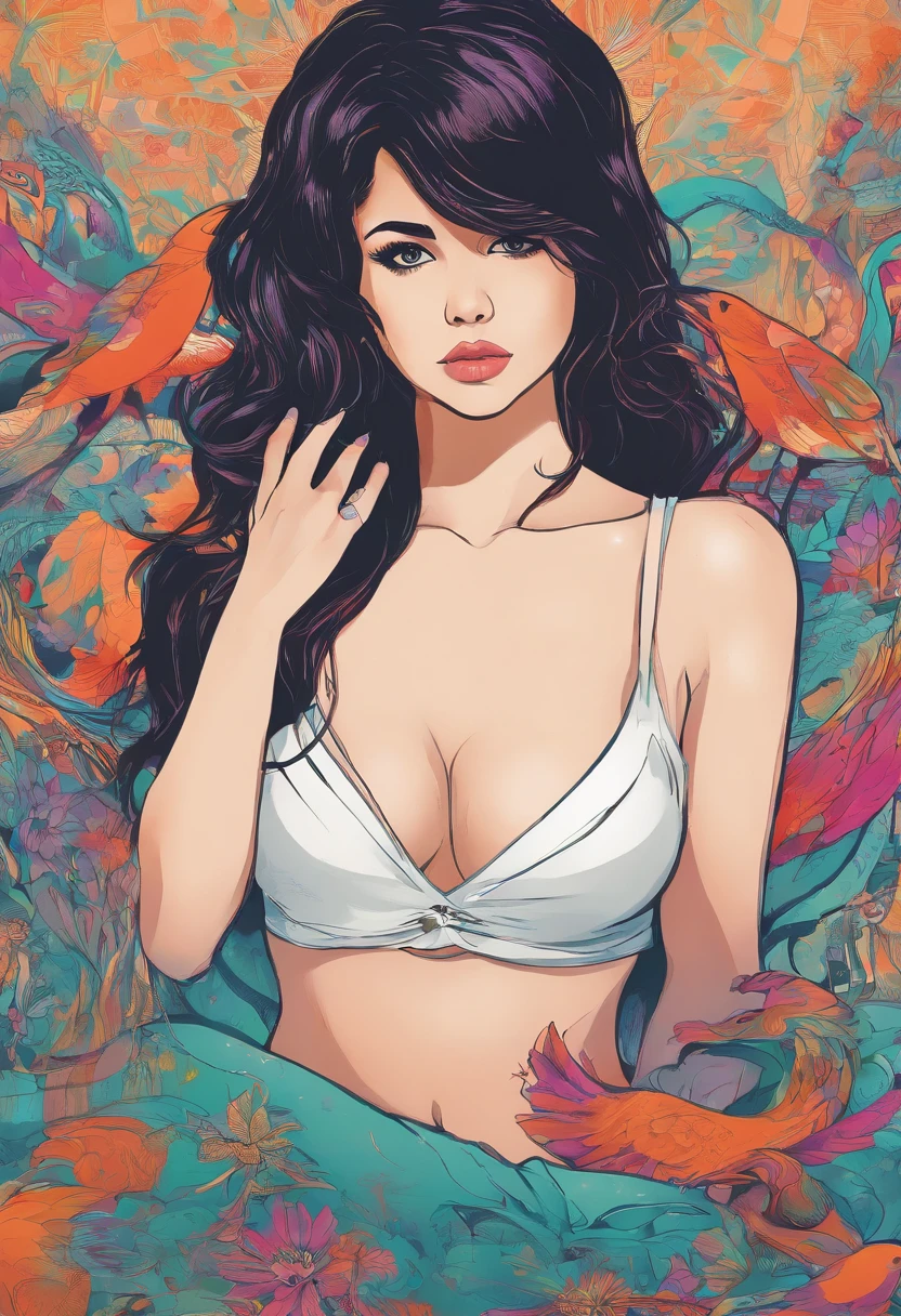 Una mujer, ((Selena Gomez)) , desnuda, , pose sexy, cuerpo sexy, cuerpo bien definido, Cuerpo detallado, alta calidad, Obra maestra, 4k, Acostada en una camilla de masaje, Foto desde arriba, aceite de masaje frotado sobre el cuerpo, aceite de masaje frotado sobre los senos