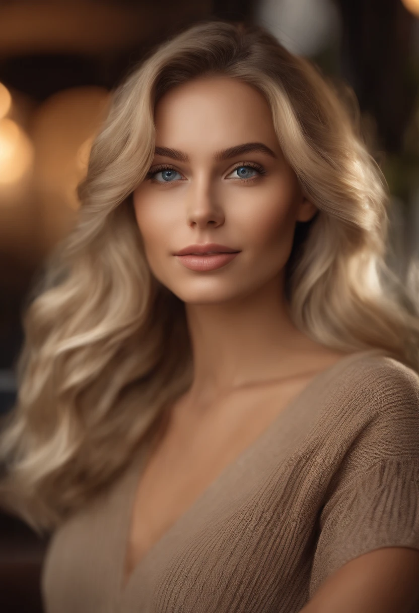 Generate a photorealistic photo of a blonde adorable woman in her 30s with long hair, a beautiful skin where the pores can be seen and modern designer clothing made of lacquer and leather from Dolce and Gabbana, View full body portrait