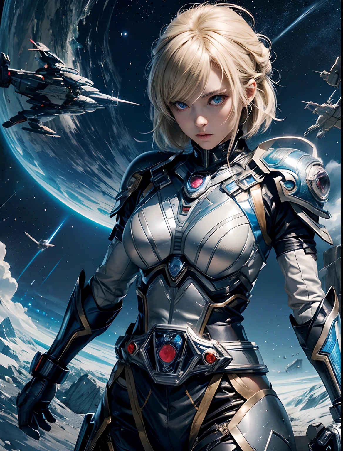 (At the waist of the battle uniform is a Kamen Rider transformation belt.)) A beautiful woman. Blonde hair and blue eyes. She is wearing a silver battle uniform. ((At the waist of the battle uniform is a Kamen Rider transformation belt.)) Image of space battleship and outer space on female background. 8K image quality. cyber punk.