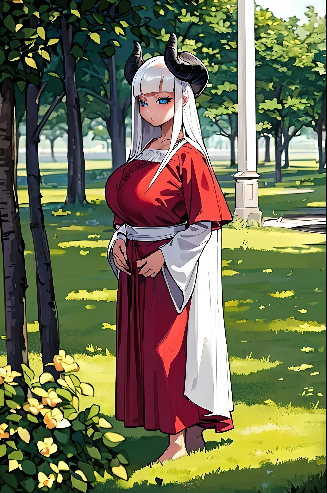 (masterpiece, best quality:1.2), 1girl, (adult:1.2), solo, standing, face focus, cinematic shot, lyla, white hair, long hair, blunt bangs, horns, (black sclera, colored sclera, blue eyes:1.2), looking at viewer, red skin, white shirt, huge breasts, full body,woman-medieval-clothes, robe, dress, longskirt