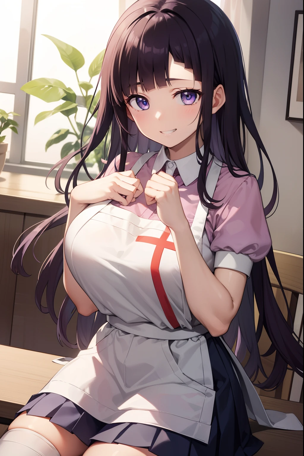 mikantsumiki, mikan tsumiki, long hair, purple hair, (purple eyes:1.1), bangs, blunt bangs, smile, grin,
BREAK apron, bandaged leg, bandages, collared shirt, miniskirt, pink shirt, pleated skirt, puffy short sleeves, puffy sleeves, shirt, short sleeves, skirt, two-tone shirt, white apron, white shirt, huge breast
BREAK looking at viewer,
BREAK indoors,
BREAK (masterpiece:1.2), best quality, high resolution, unity 8k wallpaper, (illustration:0.8), (beautiful detailed eyes:1.6), extremely detailed face, perfect lighting, extremely detailed CG, (perfect hands, perfect anatomy),