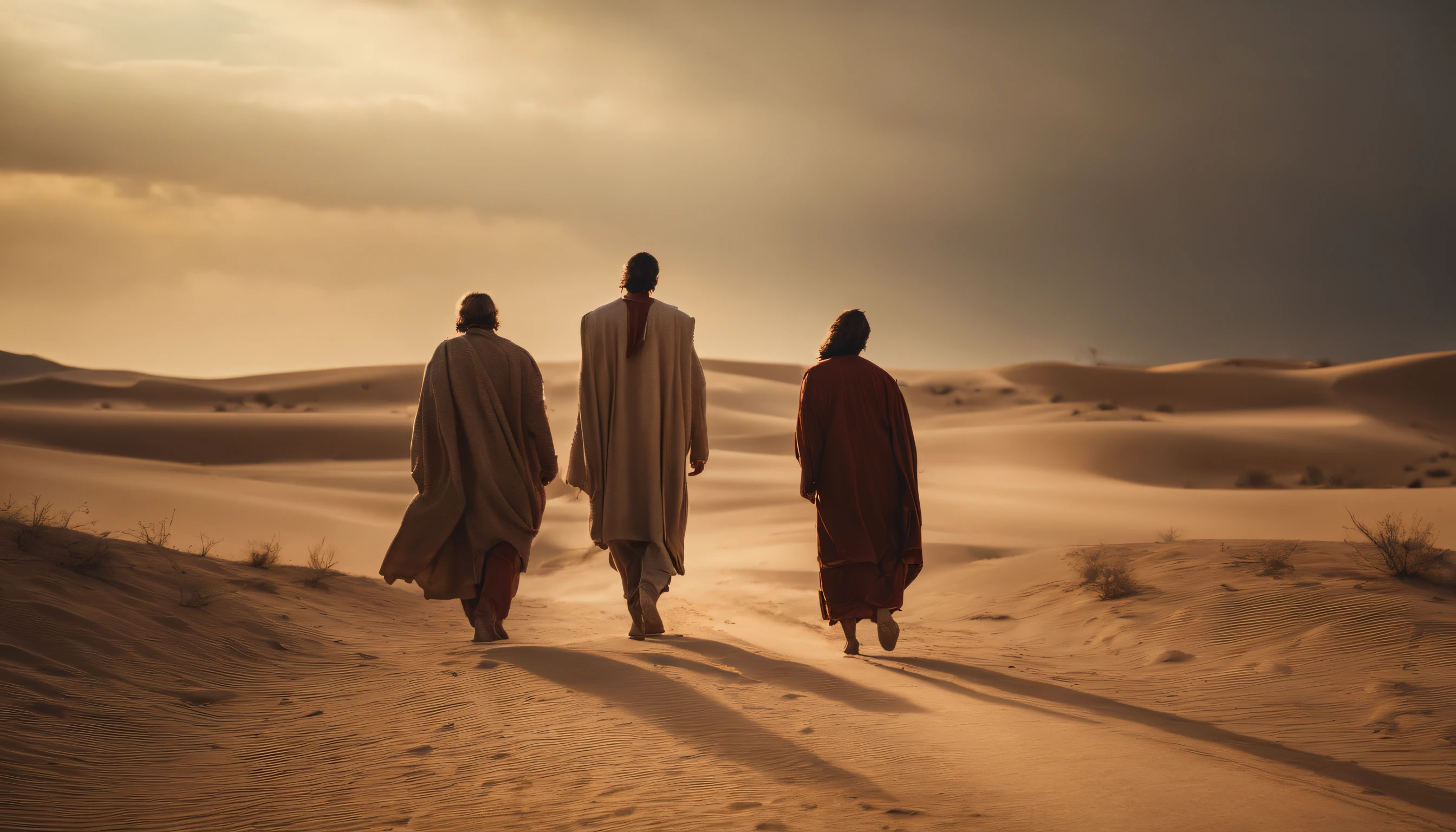 Two disciples of Jesus walking together towards the city in the desert.