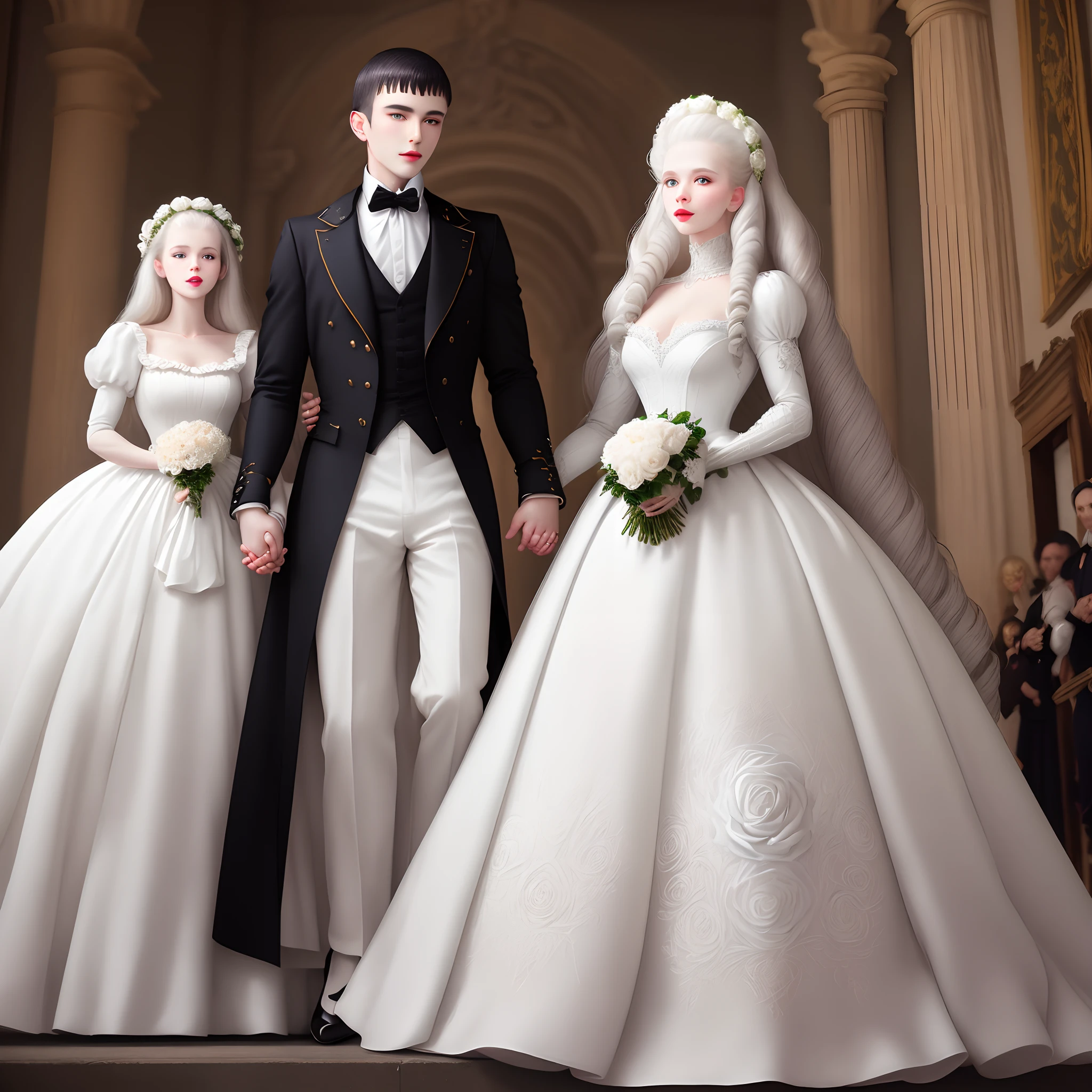 White Rococo Marie Antoinette Dress Ball Gown, big white long curly hair, pale white skin, knuckle armor ring, large white roses flower crown, whitish grey lipstick, bangs centered to the middle, white high heels, white glowing eyes