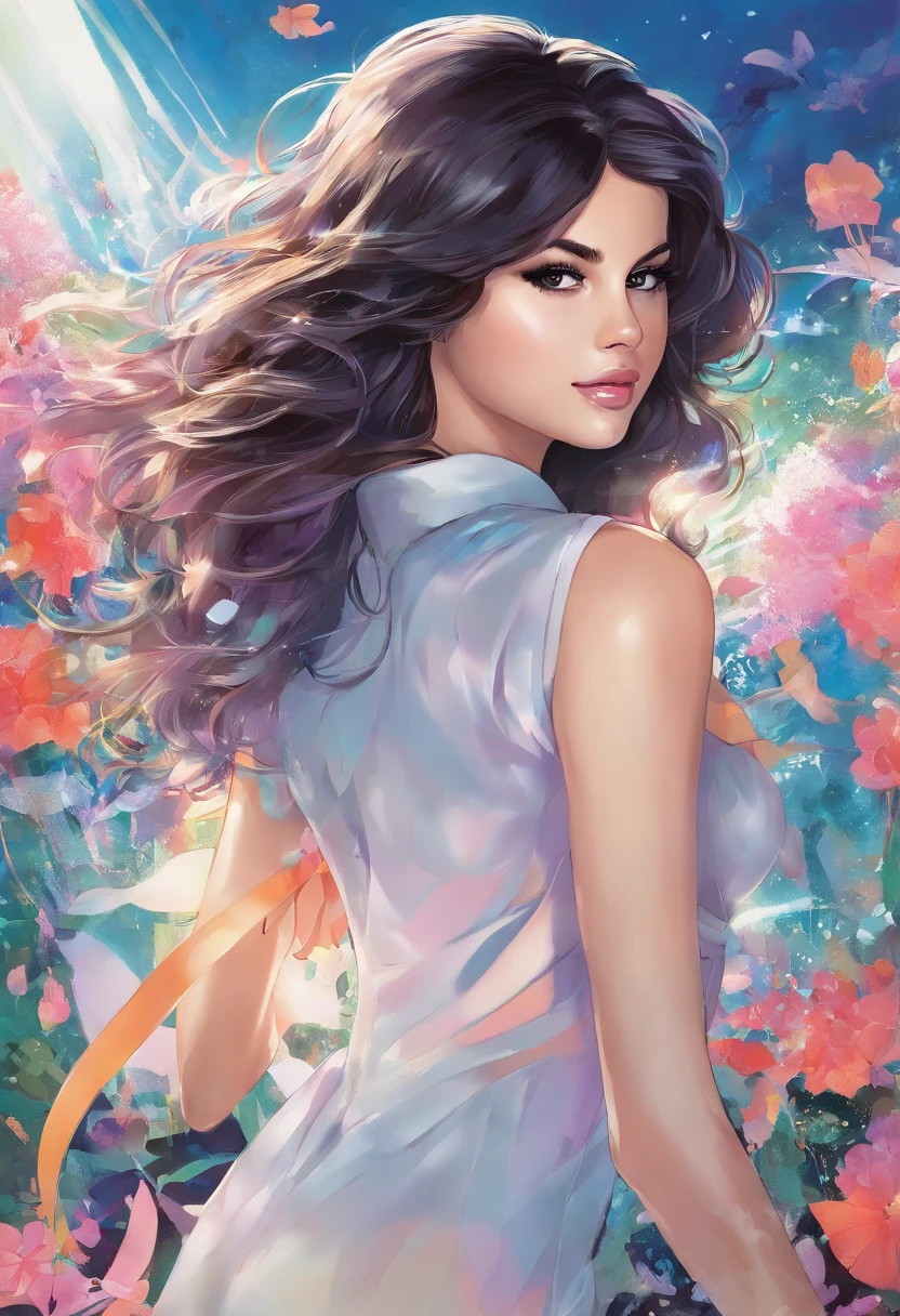 Una mujer, ((Selena Gomez)) pose sexy, cuerpo sexy, cuerpo bien definido, Cuerpo detallado, alta calidad, Obra maestra, 4k, Acostada en una camilla de masaje, Foto desde arriba, aceite de masaje frotado sobre el cuerpo, aceite de masaje frotado sobre los senos