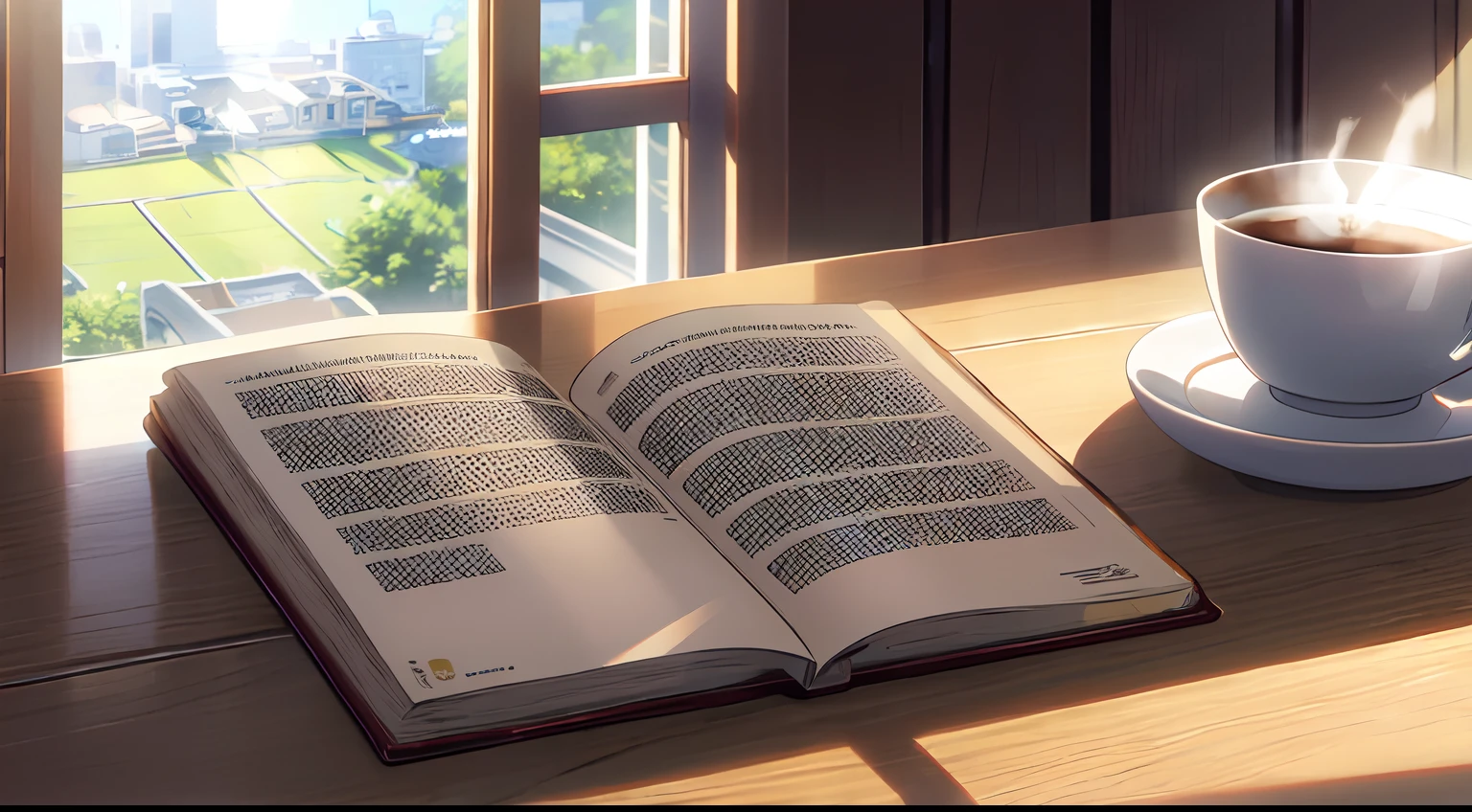 Masterpiece, best quality, coffee, book, windowwindow morning, sunlight, close up view, SHINKAI MAKOTO
