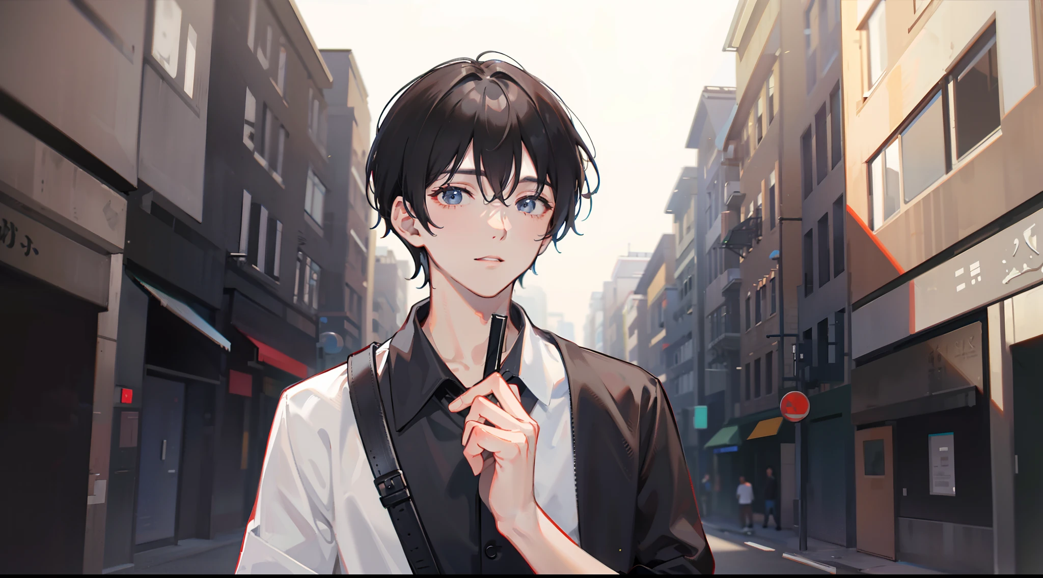 Black Haired Man, Black shirt, White trousers, urbane, roadside, In-memory expressions