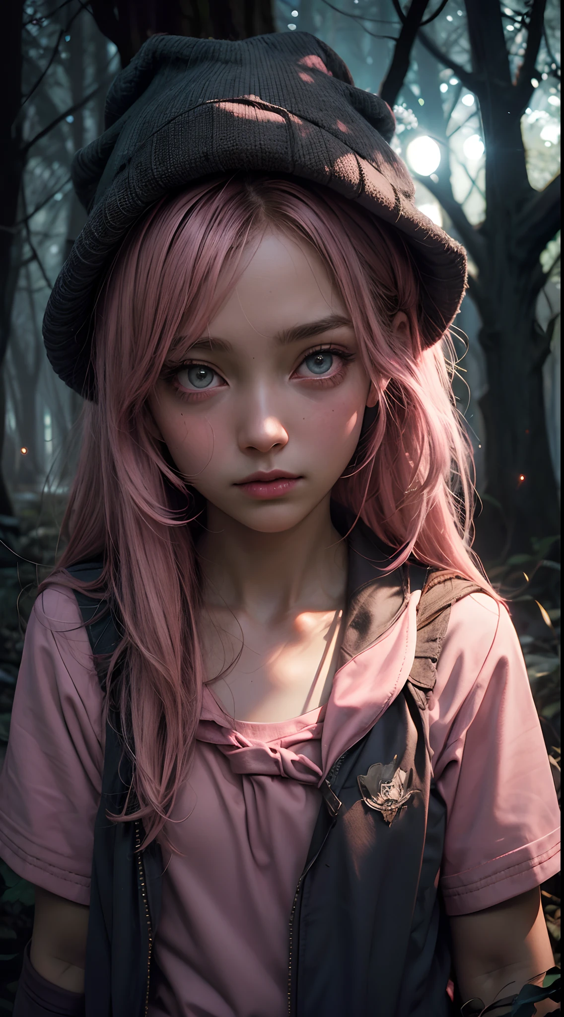 creepy girl, (pink school uniform:1.4), spooky woods, lost in dark wood, (at night:1.2), monsters, glowing eyes, (flawless skin:1.2), DarkWoodsStyle