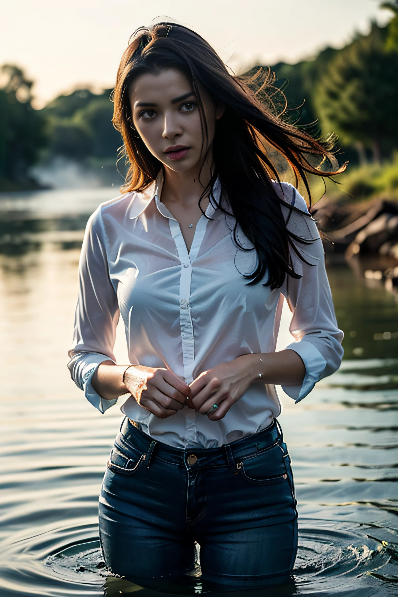 (Best Quality,4k,hight resolution,Masterpiece:1.2),Ultra-detailed,Realistic:1.37,Woman in Trouble,Swampy background,foggy atmosphere,Humid environment,marshland,Reflections in water,detailed facial expression,Worried Eyes,pale skin,long wavy hair,Wrestling Hands,Splashing water,ripple,Ripples on the surface of the water,in wet jeans,wet blouse,Quicksand sinking,Emotional turmoil,Fear of drowning,Sadness,Dark color tones,Mysterious lighting,A no-win situation,Hazardous environment,A Tragic Scene,Artistic portrait,Landscape painting