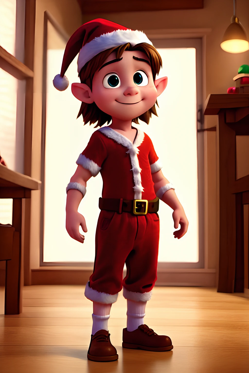 Create a cartoon of a young elf Santa's helper in the Pixar style with his arms raised