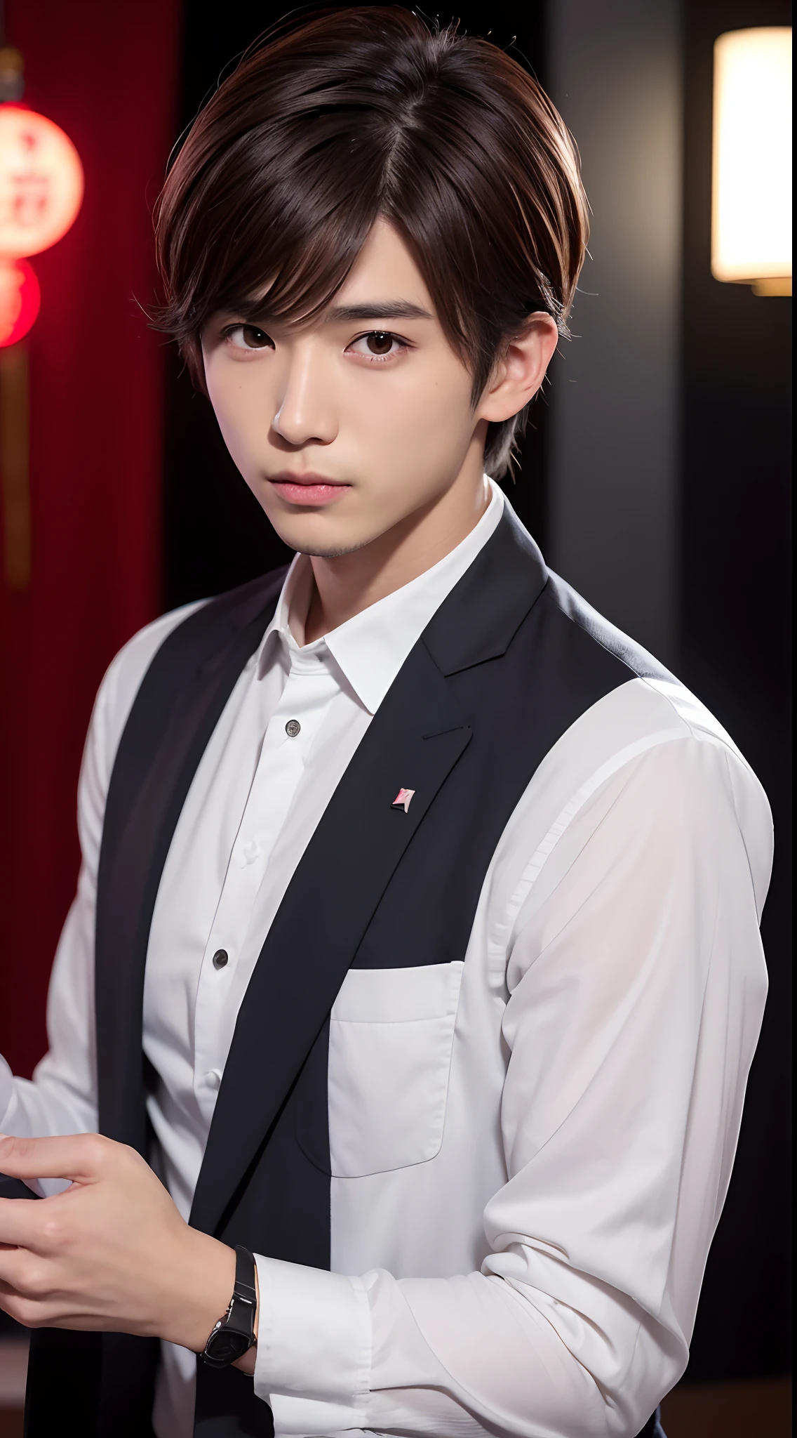 4K、top-quality、masutepiece、独奏、Brown hair、⦅Cool Cut⦆、(25-year-old male living in Japan)、Work in a Host Club,Looking at the camera、