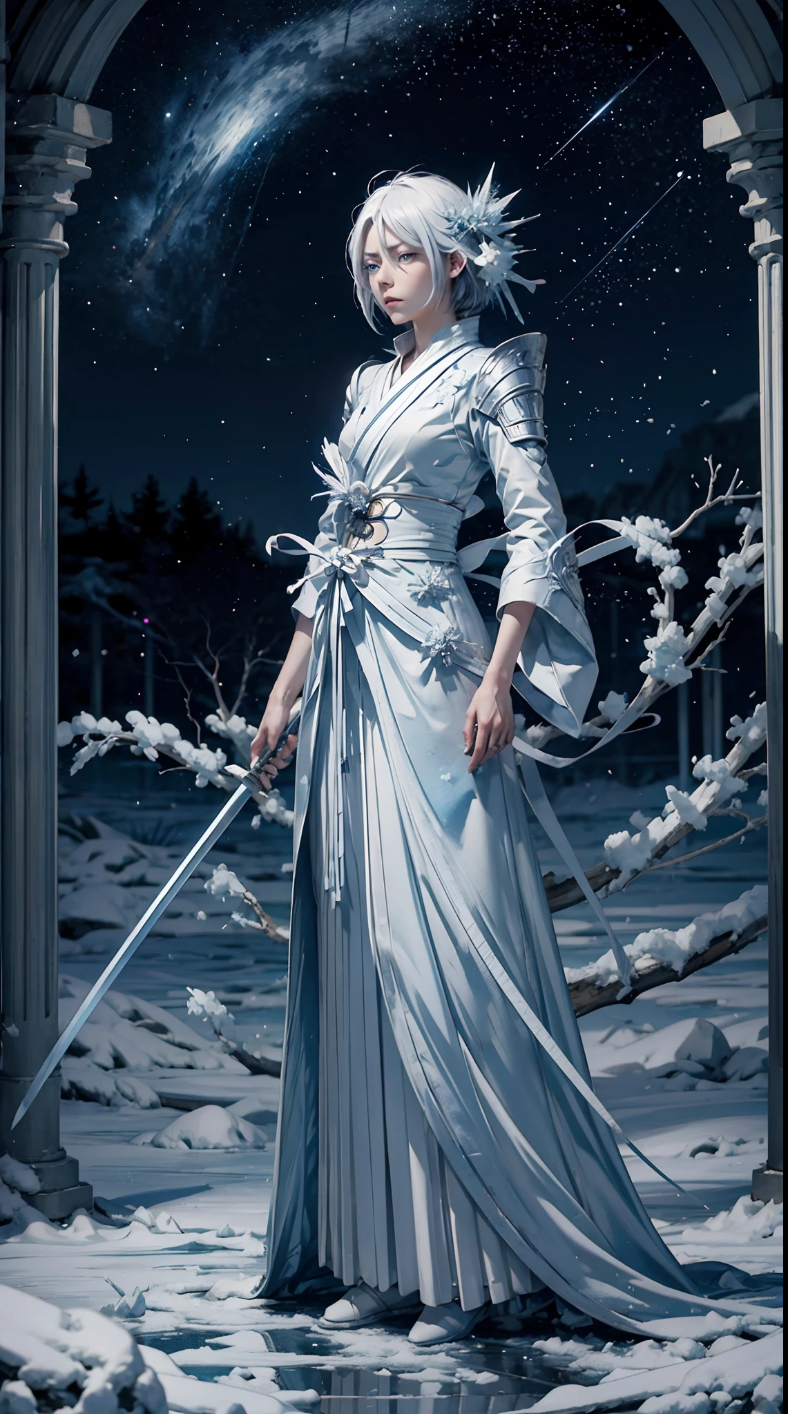 A digital art of Rukia Kuchiki, Bankai form(Hakka no Togame), from anime Bleach, standing, Full body, short white hair, reflective light blue eyes, reflective frozen katana, ice particles, snowflakes, hyper detailed, hyper realistic, look at the the viewer, 4k, wide depth of field, radiant mapping, high dynamic range, masterpiece, intricate backround,