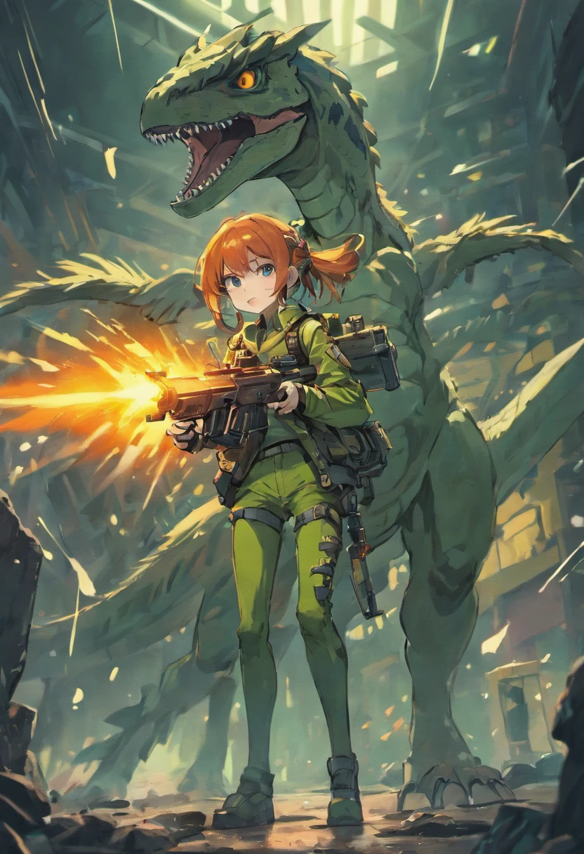 Humanoid velociraptor，Holding a machine gun, cold colors, fierce expressions, battle scenes, big dynamics, story pictures